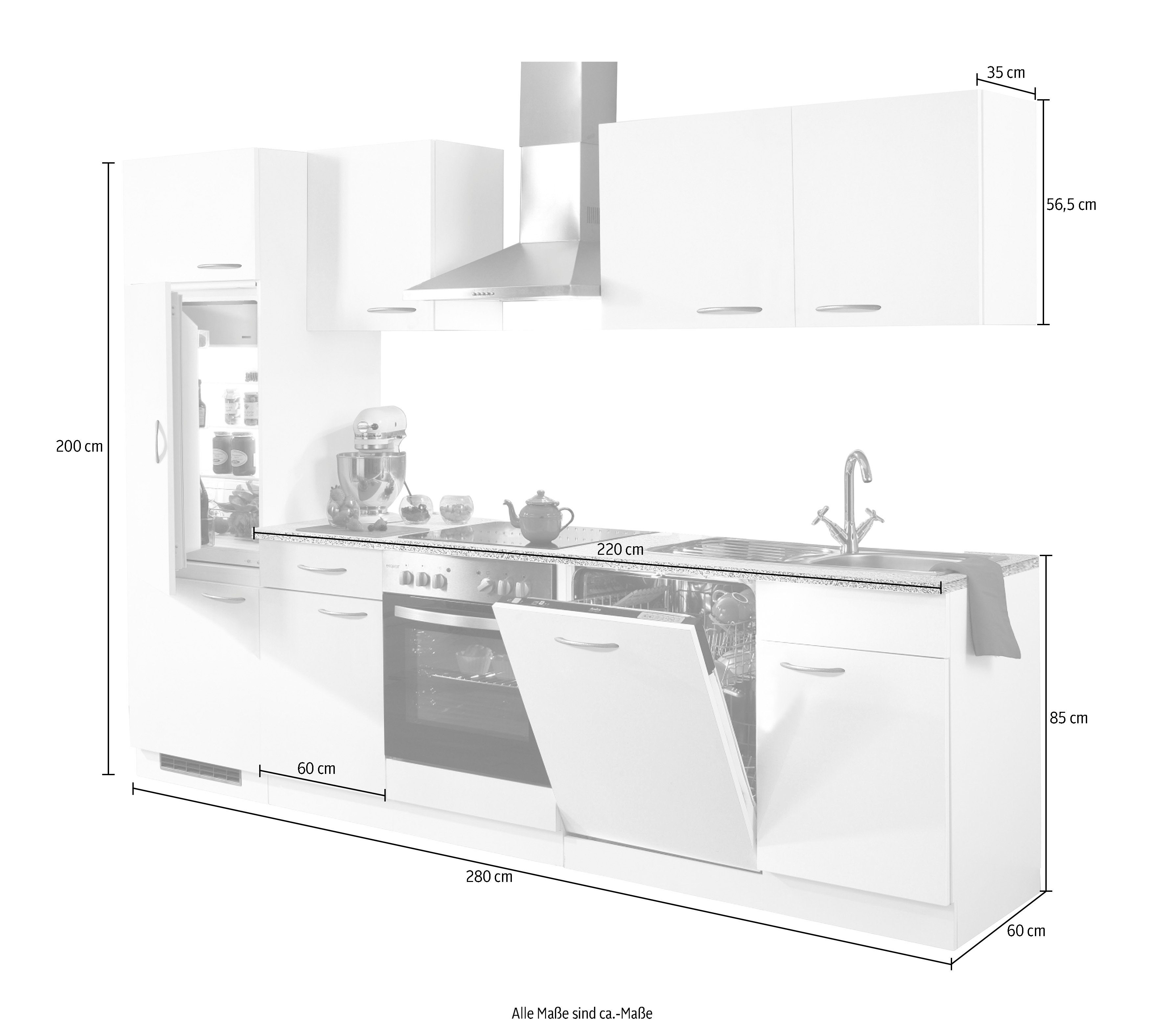 wiho Küchen Küchenzeile Kiel, mit E-Geräten, inkl. Geschirrspüler, Breite 280 cm
