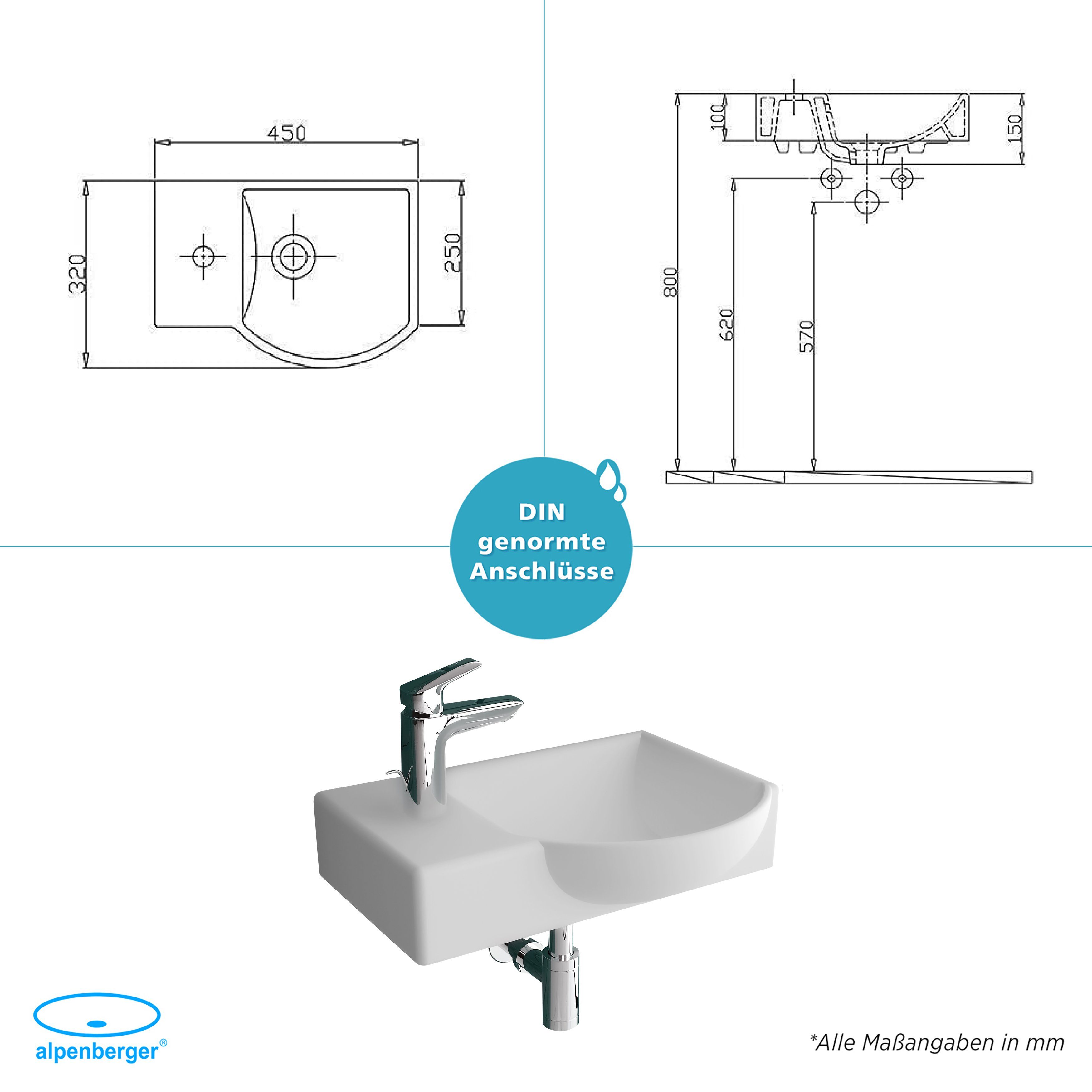Alpenberger Waschbecken 45 cm Breit - Hängewaschbecken mit Überlauf aus Keramik (Handwaschbecken für Badezimmer & Gästebad, 1-St., 1-tlg. Waschtisch), Wash Basin pflegeleicht, Kleines Gäste WC Lavabo & Bad Spülbecken