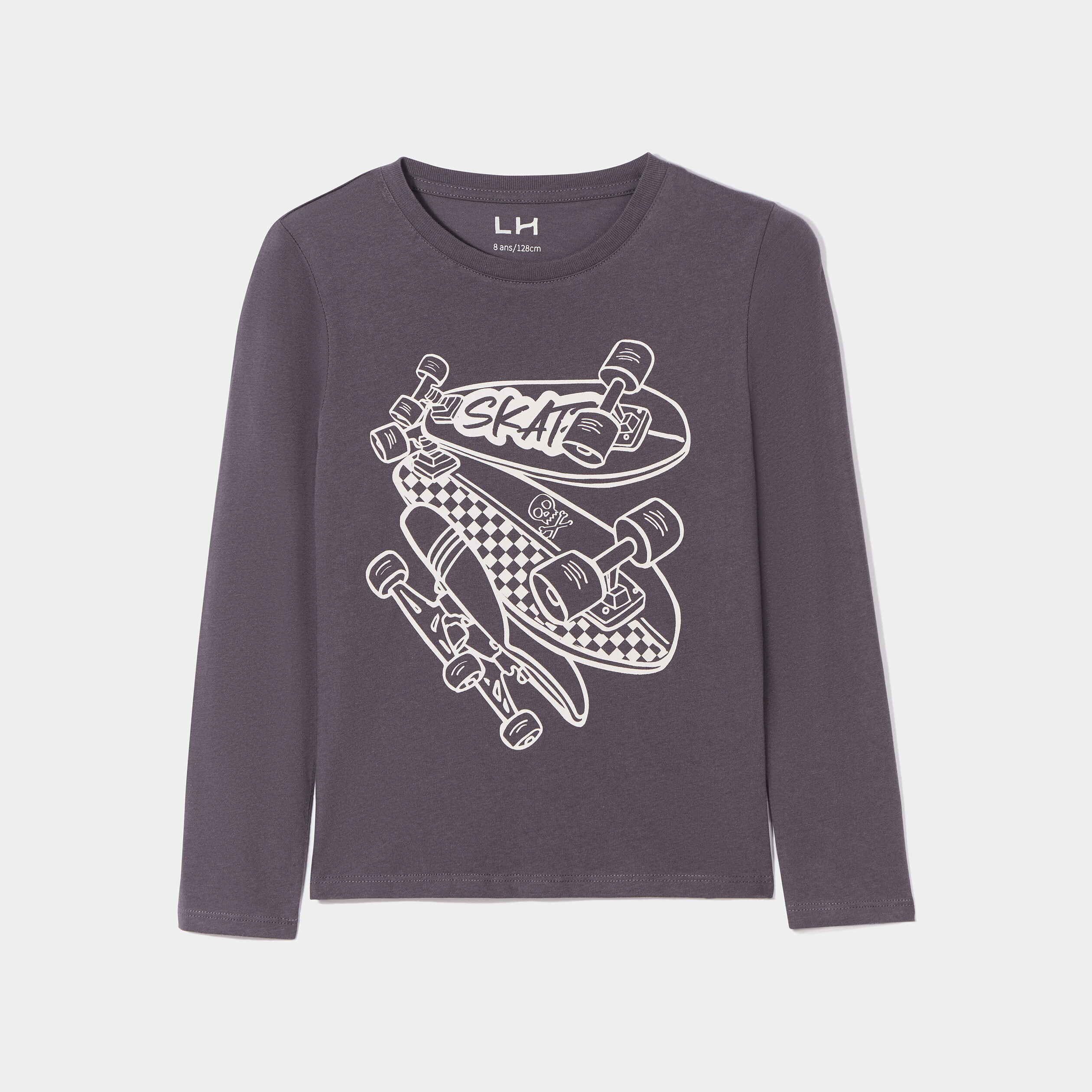 T-shirt col rond manches longues coton gris foncé garçon | La Halle