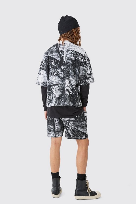 Kastiges Oversize Jeans T-Shirt & Shorts in Waffeloptik