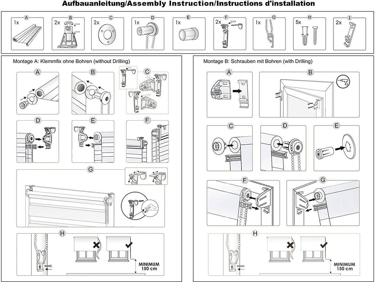 Doppelrollo, EUGAD, verdunkelnd, freihängend, Klemmfix, klemmfix ohne Bohren Blickdicht