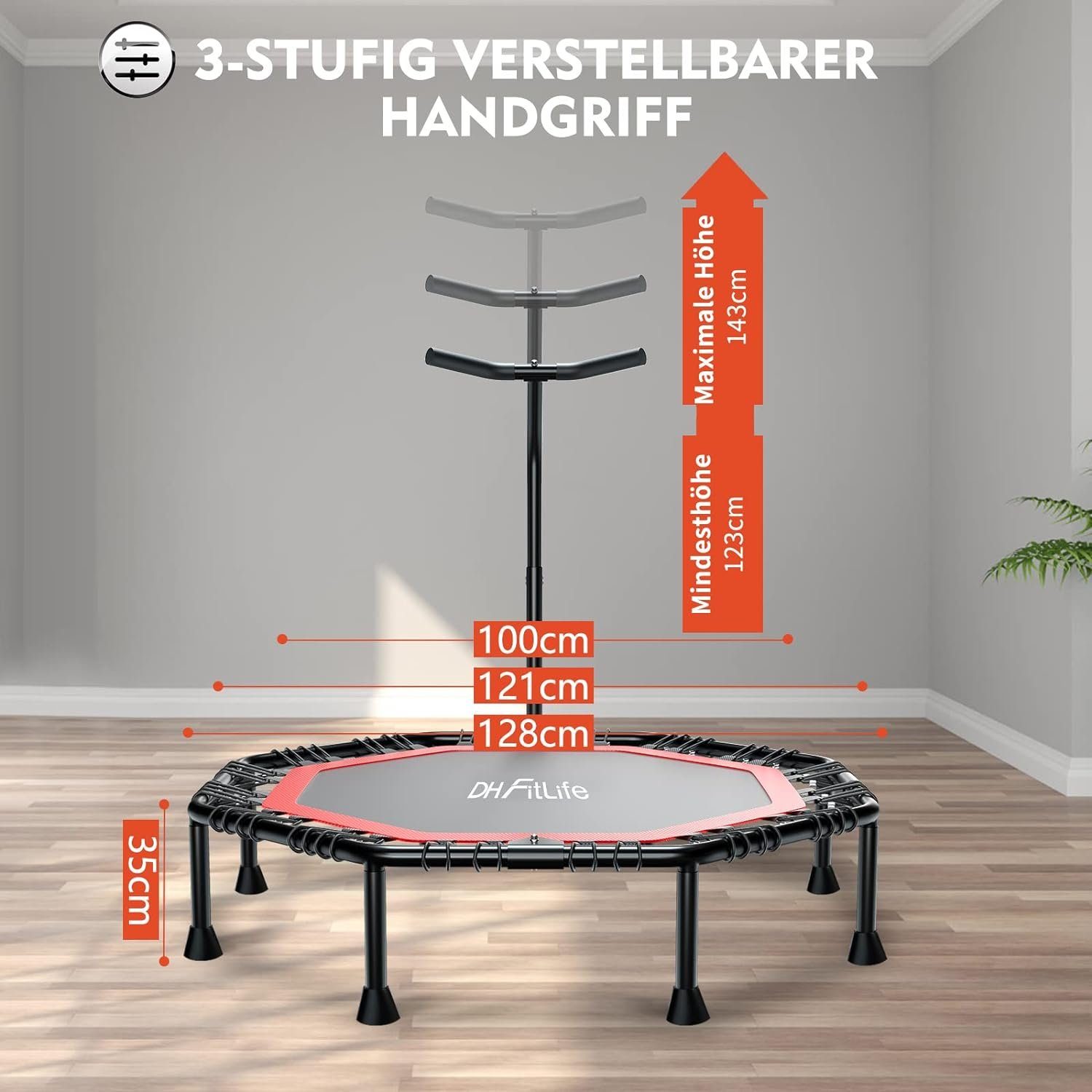DH FitLife Fitnesstrampolin Fitness Trampolin klappbar, Leise Gummiseilfederung ohne Installation, Ø 128 cm, Indoor & Outdoor Jumping, mit 3 verstellbaren Handgriffstufen