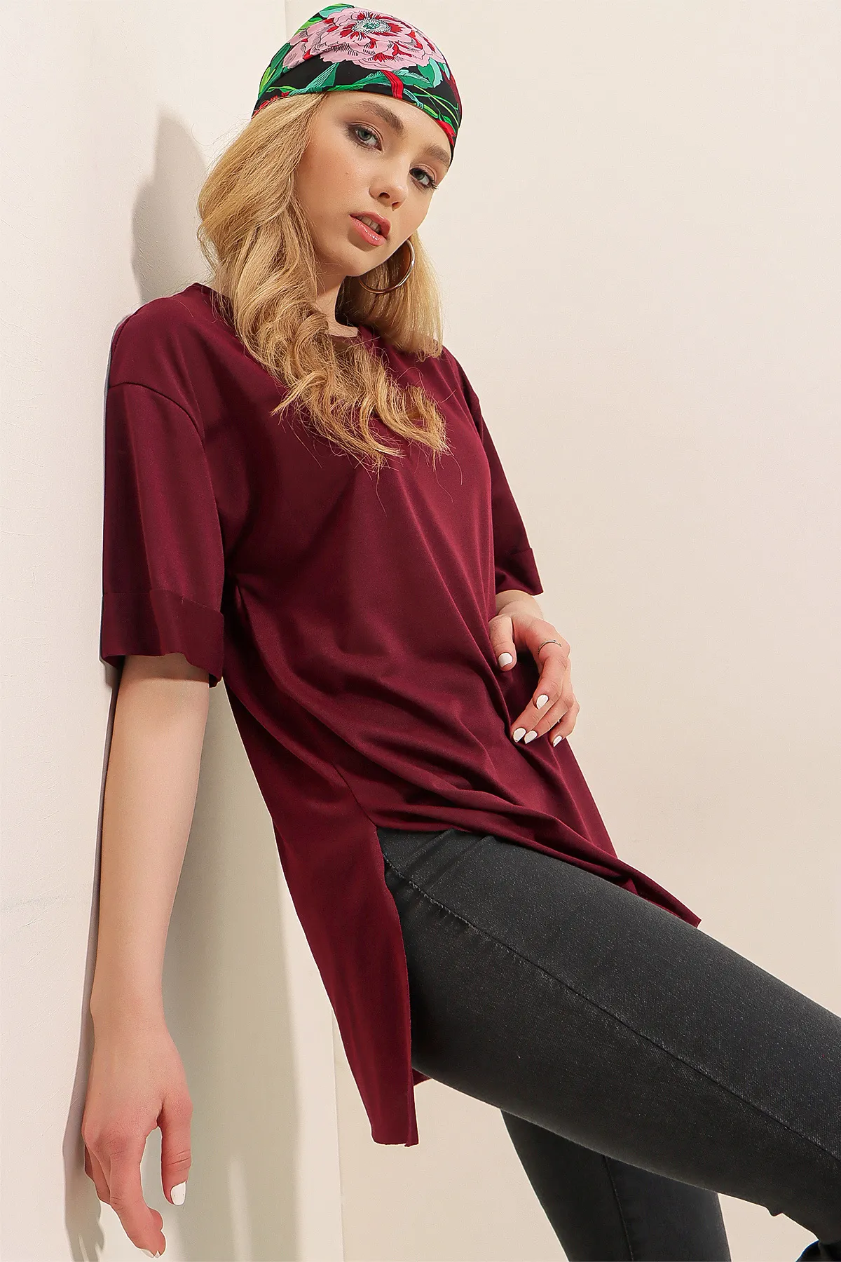 Bigdart  4123 Übergroßes T-Shirt mit Schlitz – Pflaume