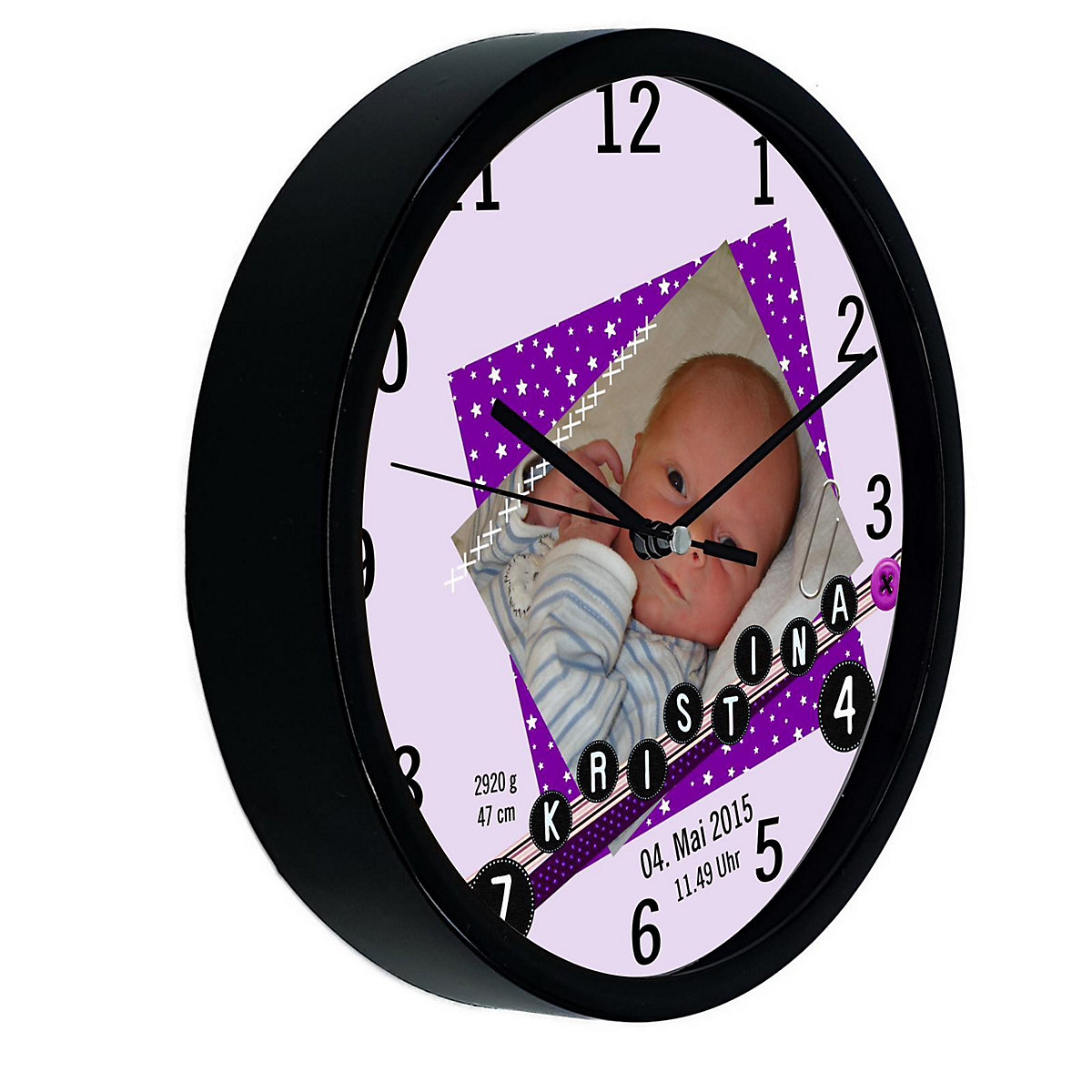 Kinder Wanduhr laufruhig personalisiert mit Name Scrapbooking lila