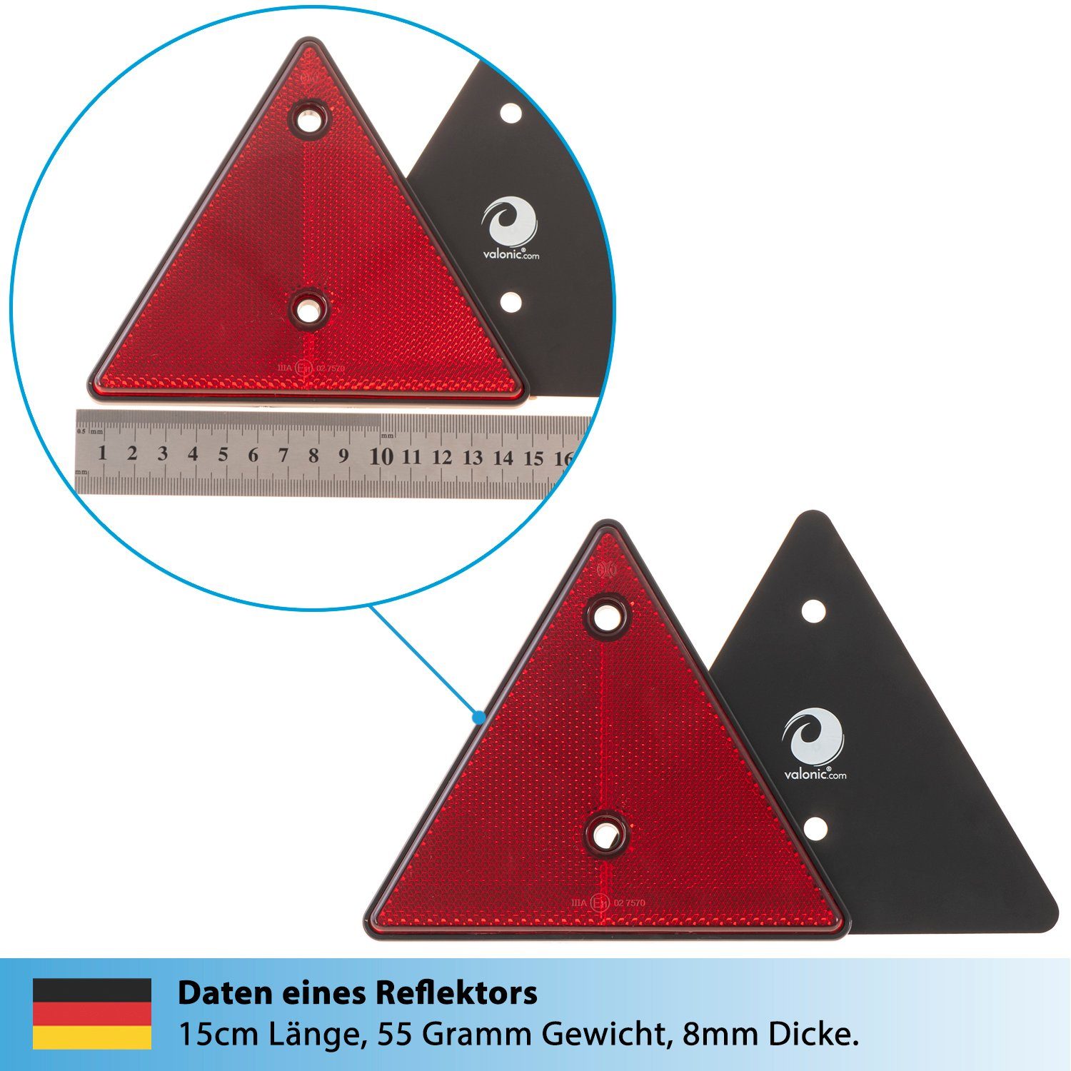 valonic Motorradanhänger Dreieckrückstrahler, Anhängerreflektor, E11 Prüfzeichen, 2 Stück