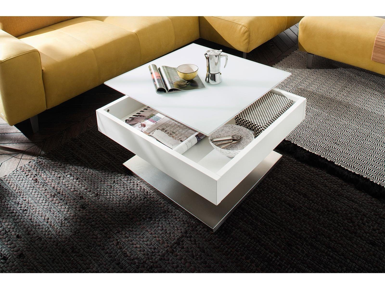 möbelando Couchtisch Marcie, Moderner Couchtisch aus MDF in Weiß matt lackiert, Deckplatte aus Sicherheitsglas, Sockel aus Metall in Edelstahl-Optik gebürstet mit MDF Kern. Breite 75 cm, Höhe 38 cm, Tiefe 75 cm