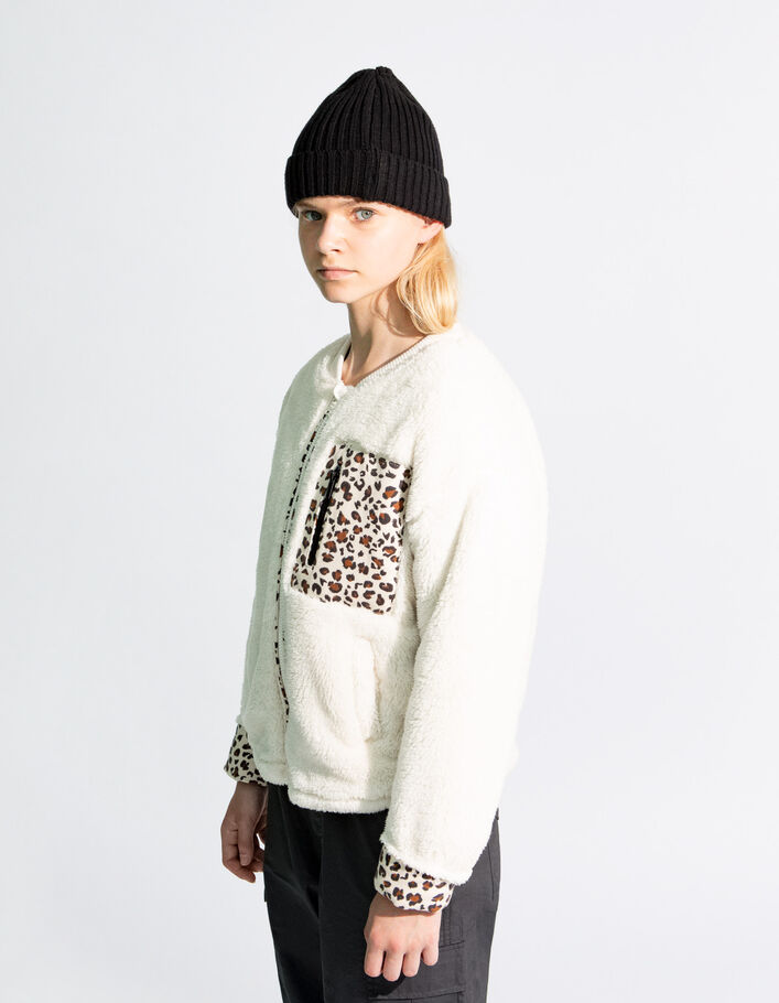 Cardigan écru fourré avec détails motif léopard fille
