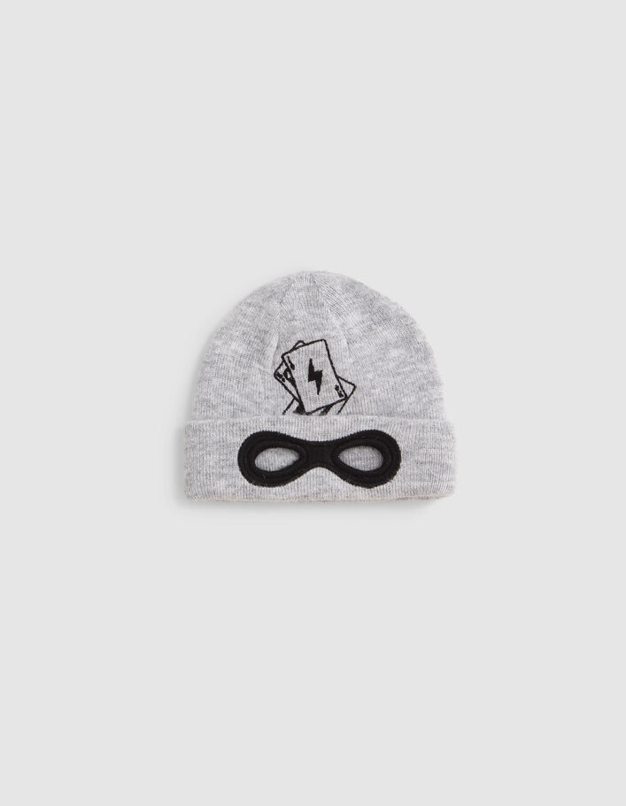 Bonnet gris tricot brodé découpe masque bébé garçon