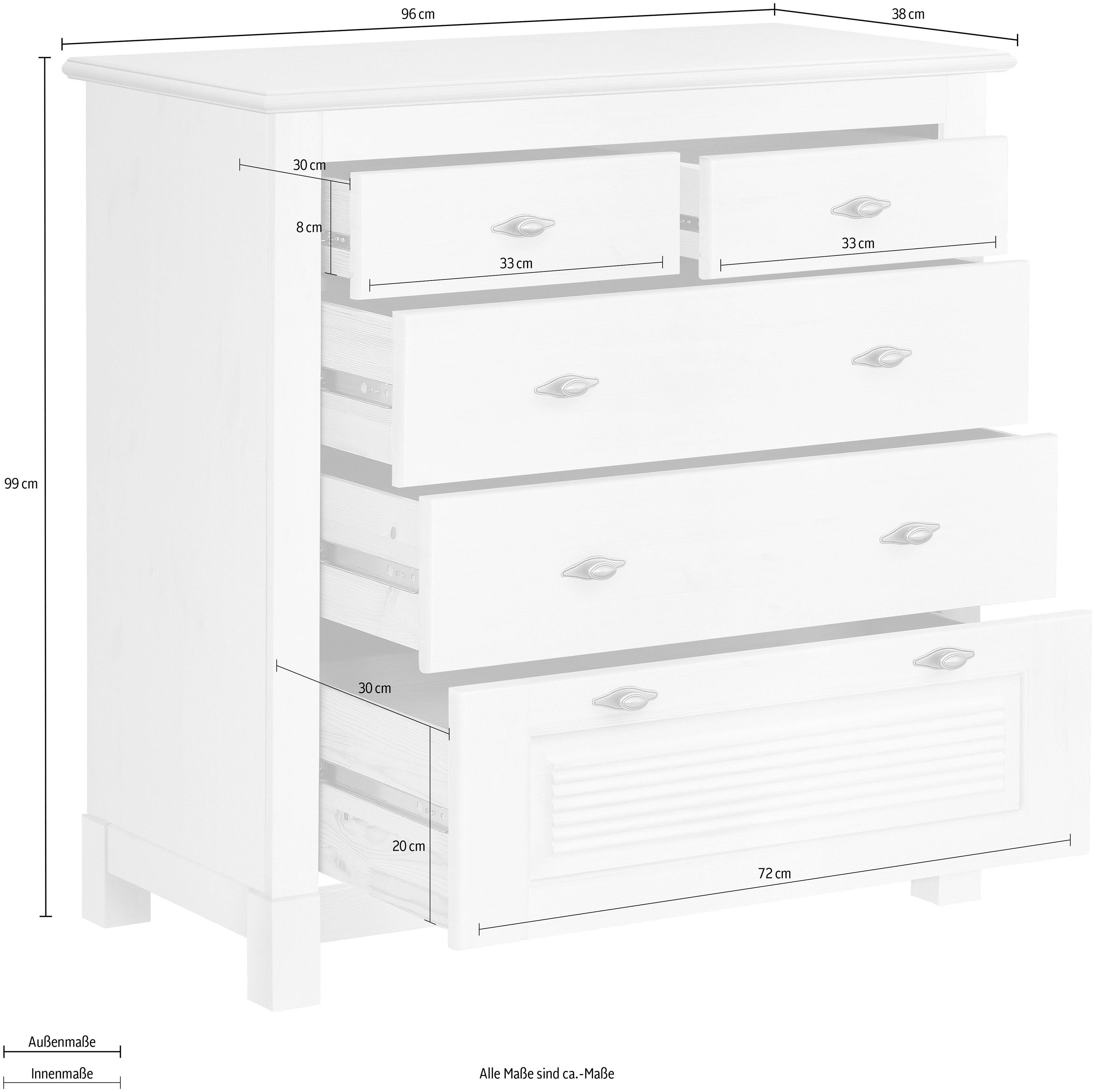 Home affaire Schubkastenkommode Rauna, aus massiver Kiefer mit 5 Schubladen, Breite 96 cm