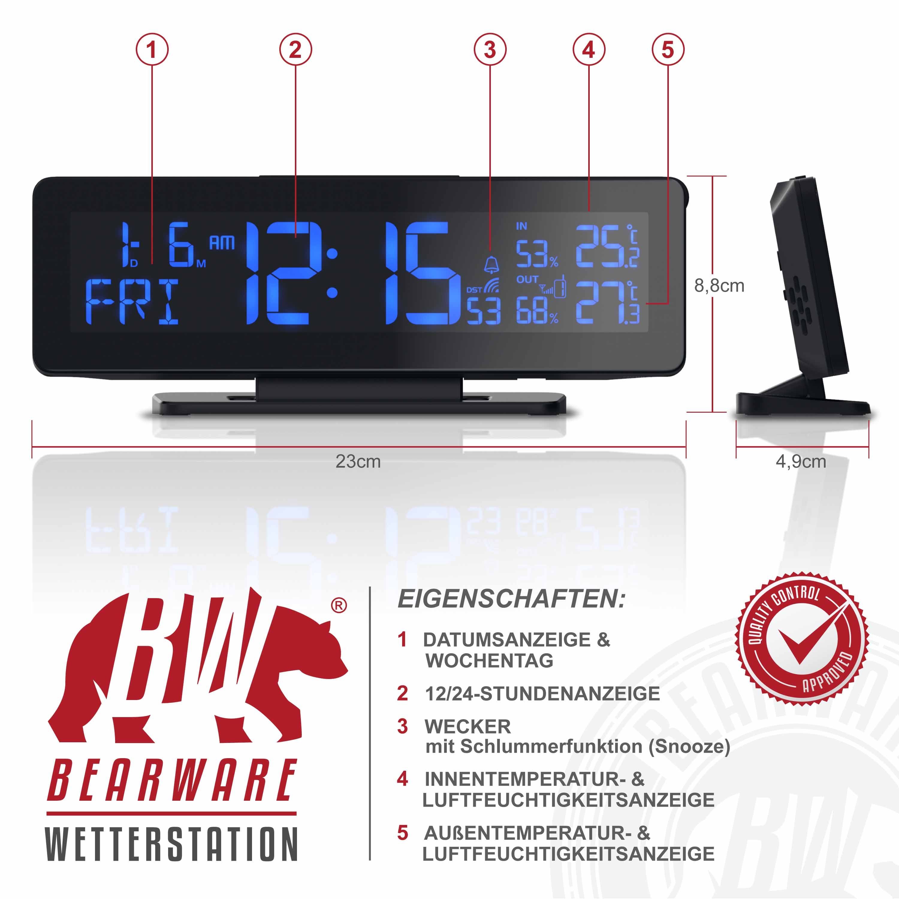 BEARWARE Wetterstation (mit Außensensor, Funk Wetterstation Temperaturgesteuertes Farbdisplay)