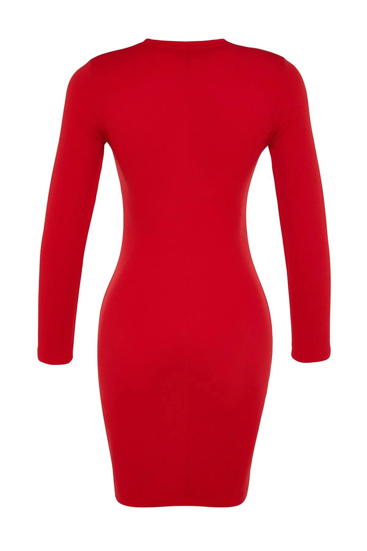 Trendyol Collection  Rotes, elegantes, figurbetontes, flexibles Mini-Strickkleid aus strukturiertem Krepp mit Rundhalsausschnitt TWOAW24EL00176