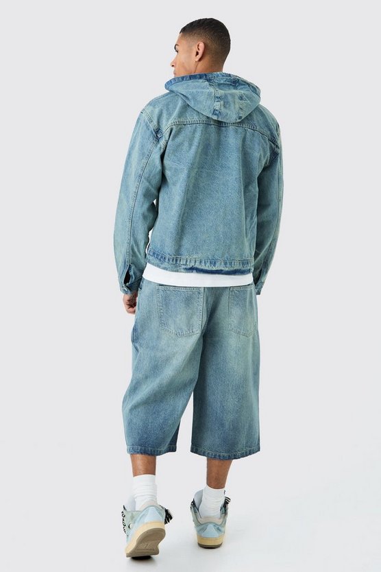 Kastiger Denim-Hoodie mit Reißverschluss