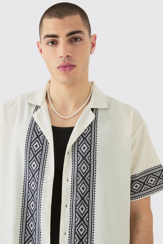 Oversized Linen Look Aztec Border Shirt