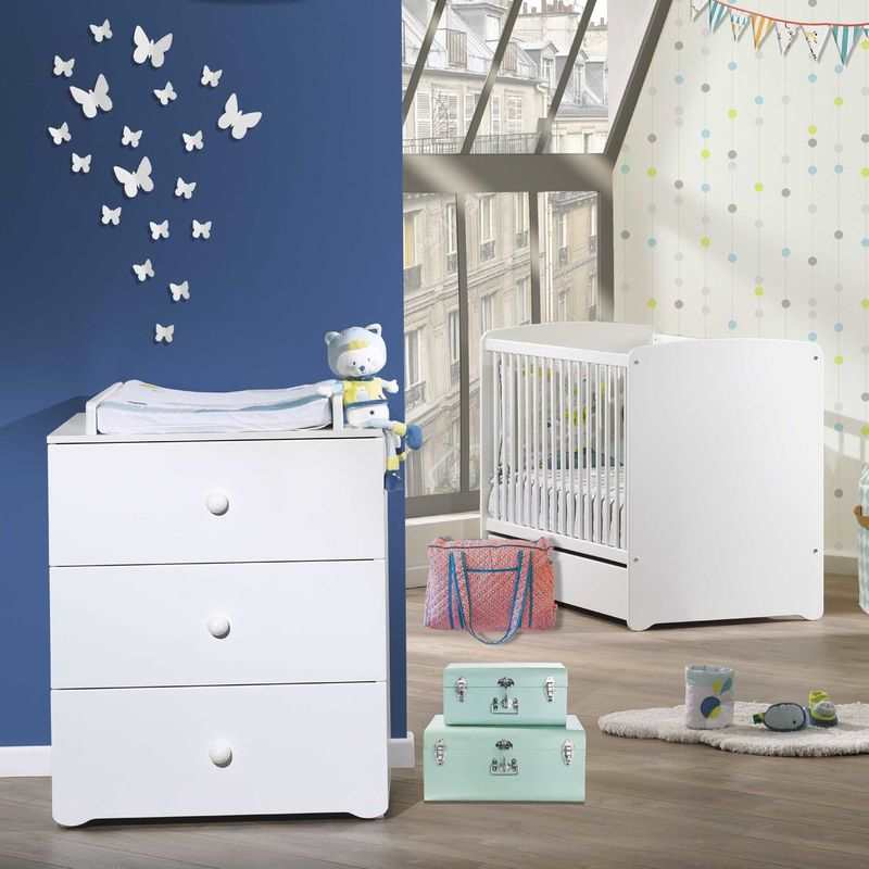 Chambre bébé 2 pièces BASIC lit et commode boutons blancs