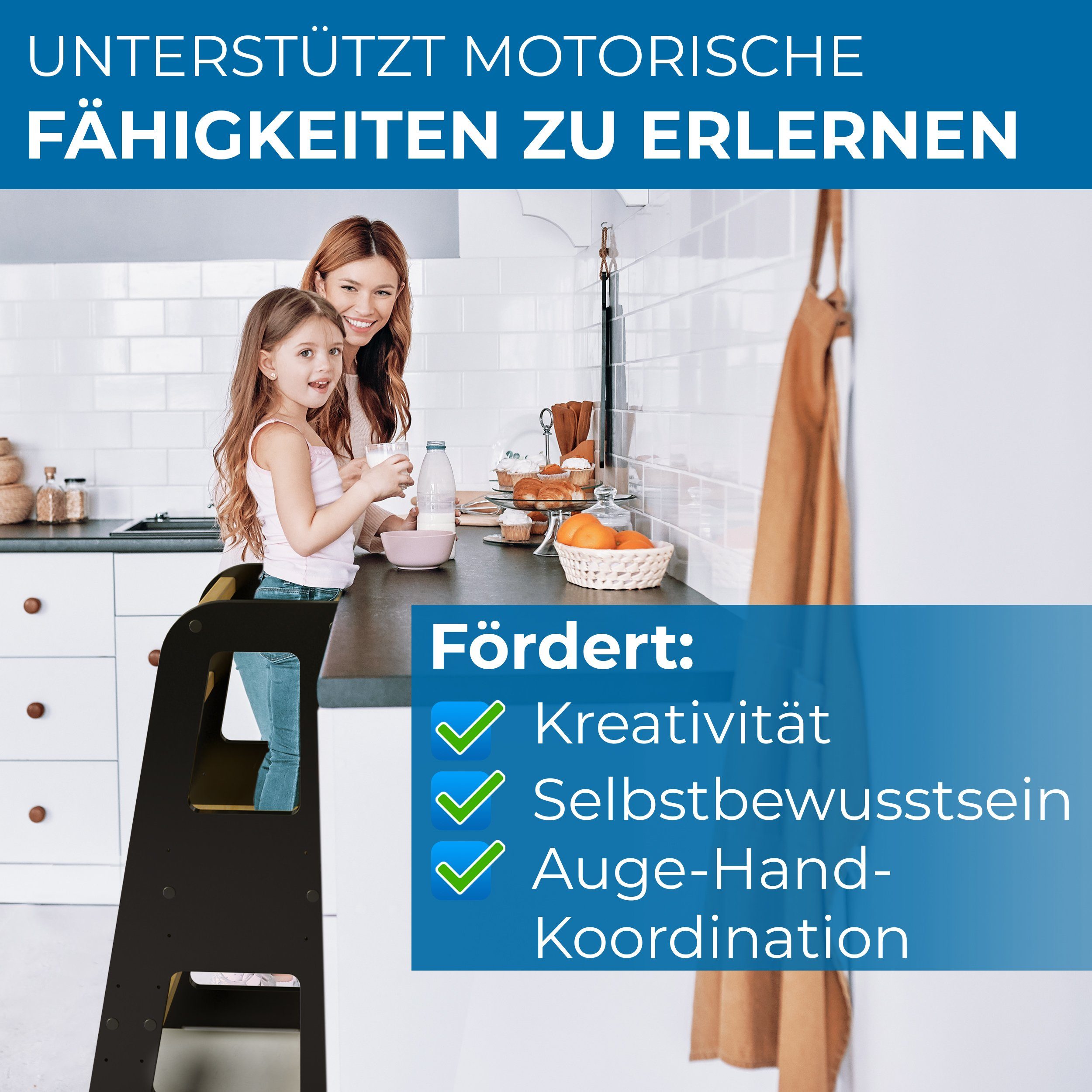 Schwanfeld Stehhilfe - Lernturm ab 1 Jahr [Anti Kipp Schutz] (inkl. Montagezubehör (Montessori Lernturm aus bruchsicherem FSC Massivholz), (bis zu 50kg belastbar), Learning Tower 3 Level (höhenverstellbar)