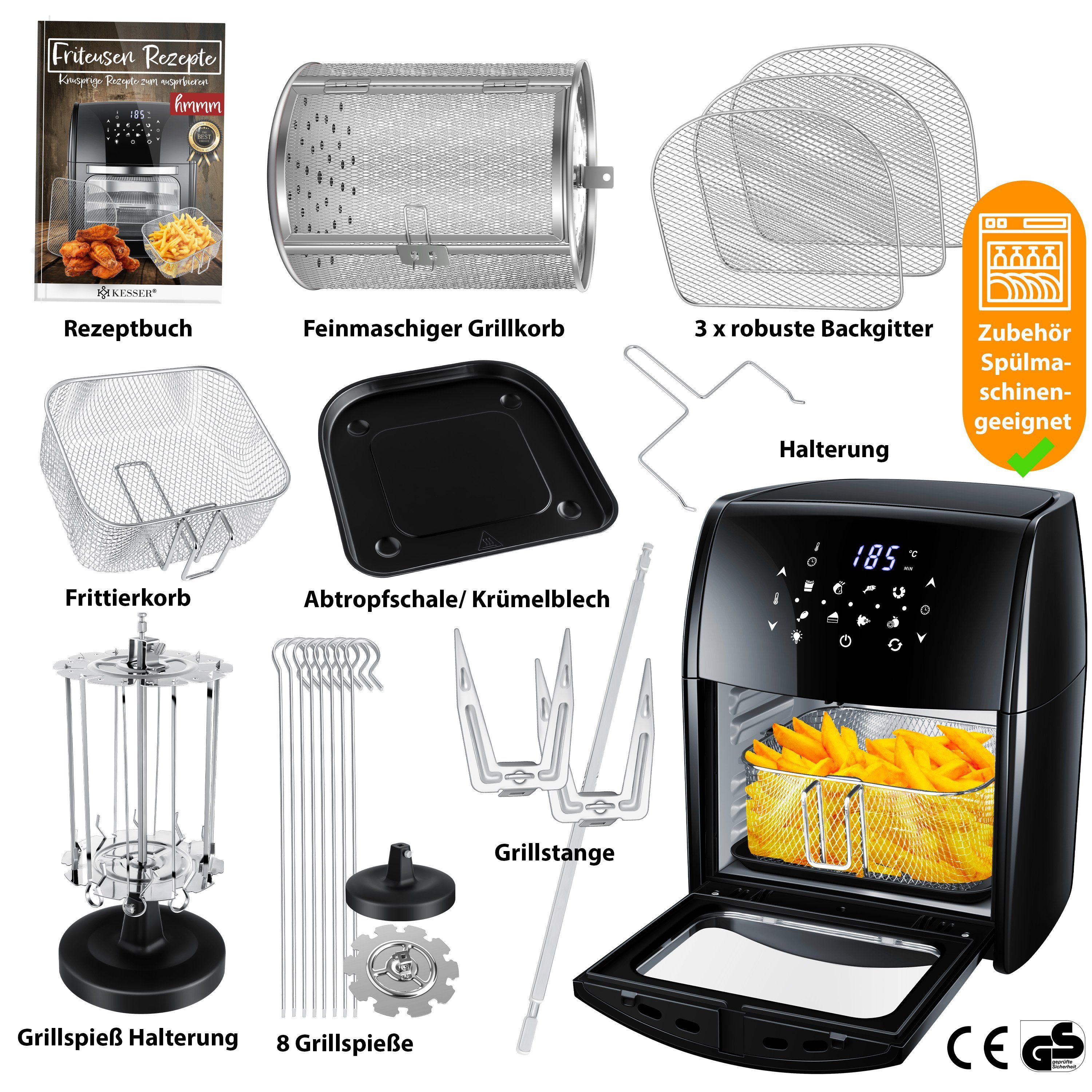 KESSER Heißluftfritteuse, 1800 W, XXL Airfryer 9in1 Heißluftfritteuse Fritteuse Drehgrill