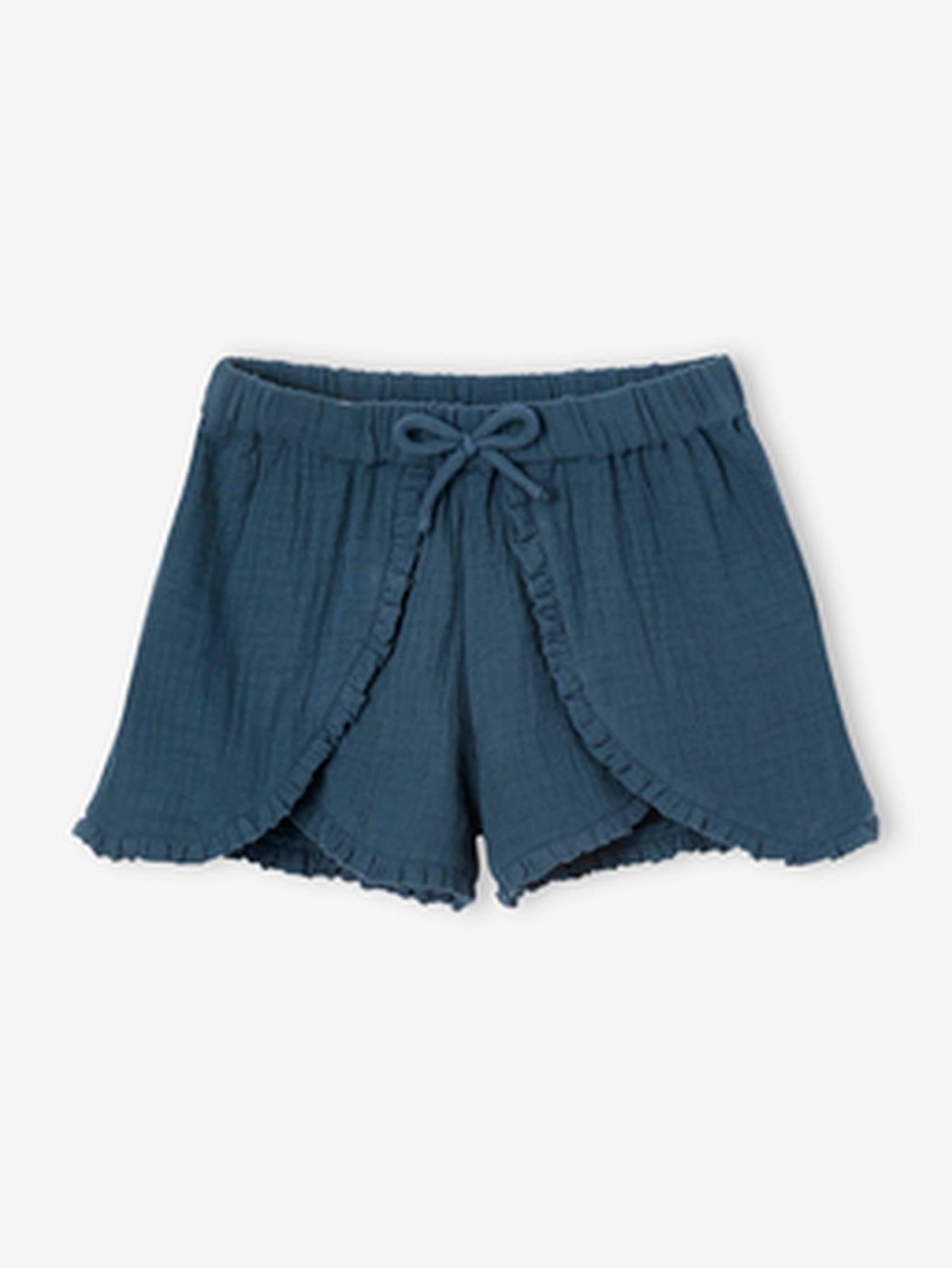 Short fantaisie en gaze de coton fille animé de volants encre