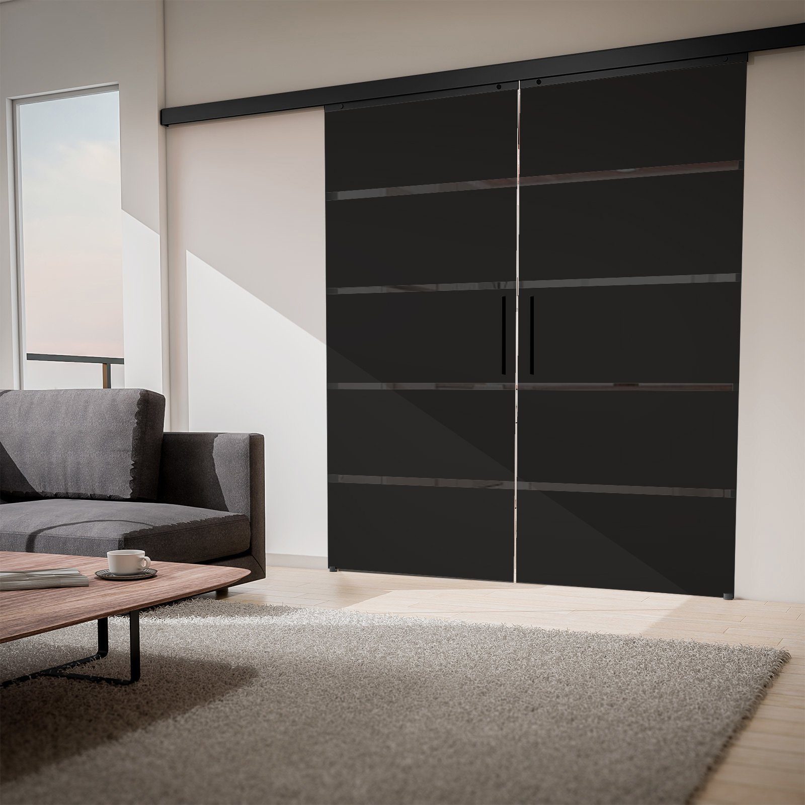 inova wohnen Doppelschiebetür Blockstreifen schwarz (inkl. Stabgriff und Schienensystem in Schwarz), 180 x 203,5 cm