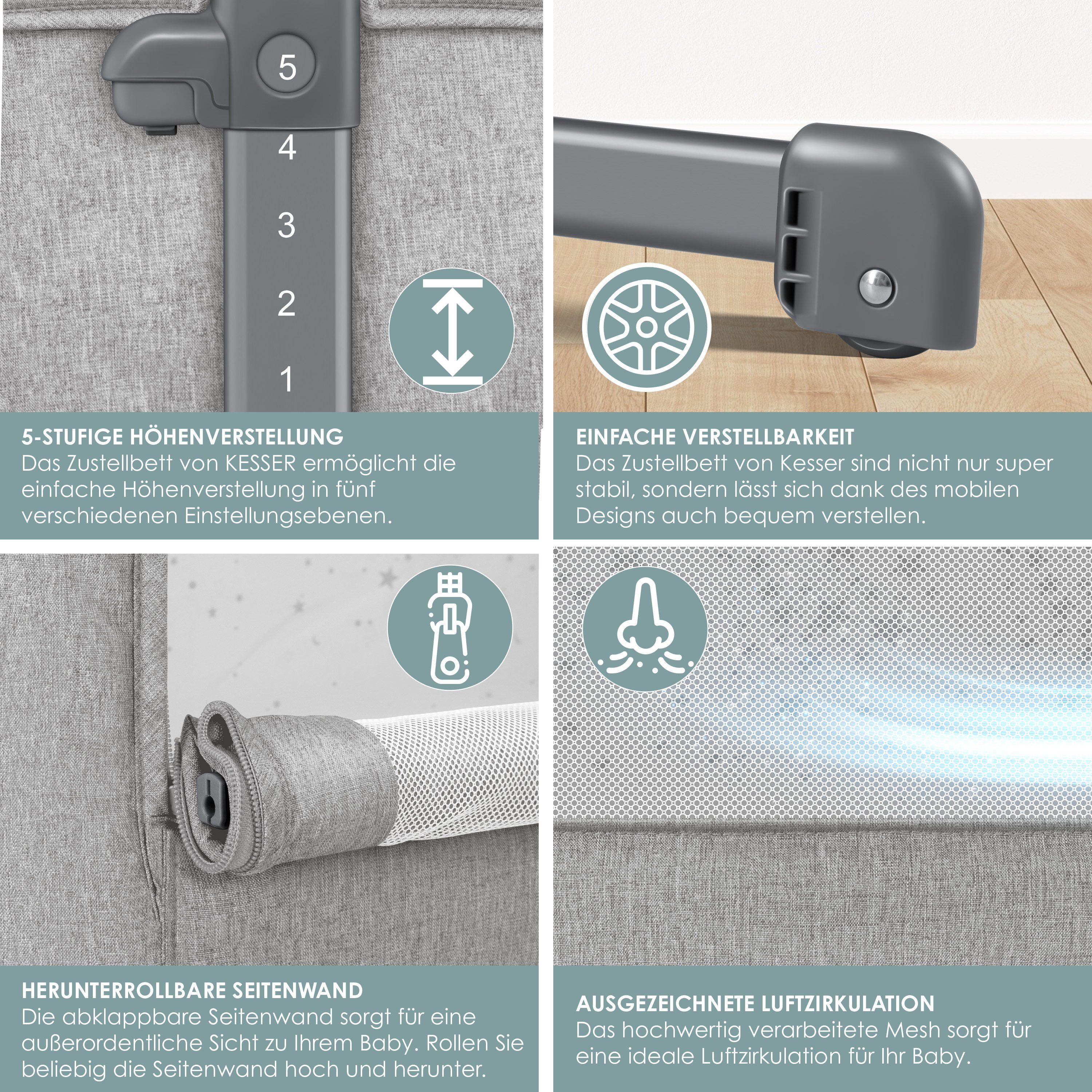 KESSER Kinderbett, Zustellbett Hubi 3in1 Baby Beistellbett Reisebett Babybett