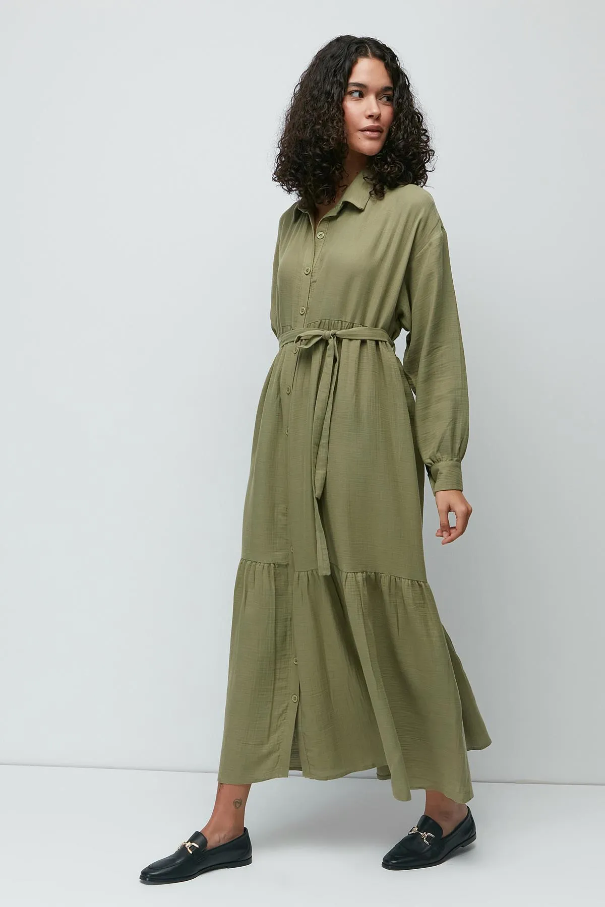 C&City  Langarmkleid aus Bio-Baumwollmusselin 9128 Khaki