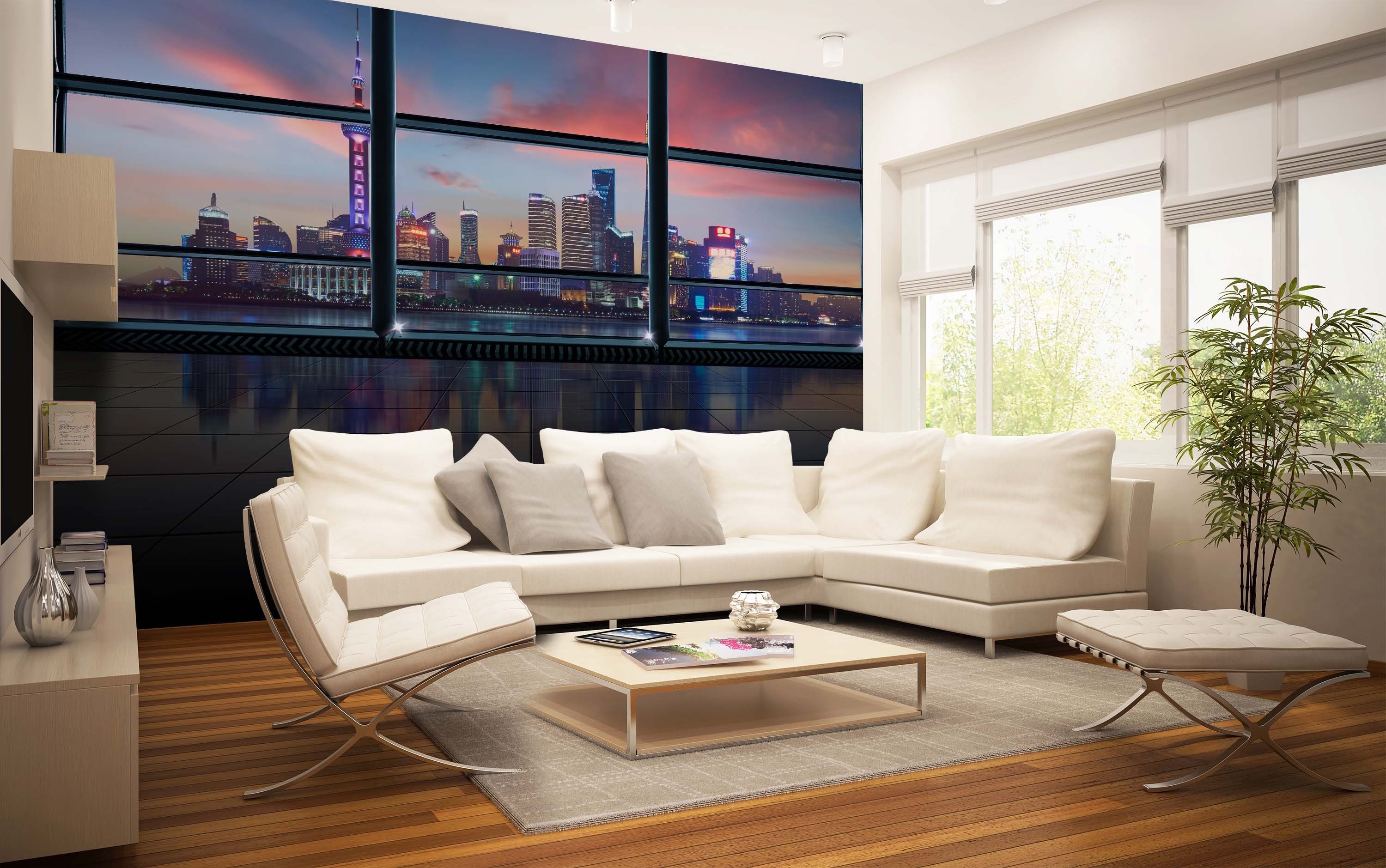 wandmotiv24 Fototapete Ausblick Fenster Stadt Skyline Nacht, glatt, Wandtapete, Motivtapete, matt, Vliestapete