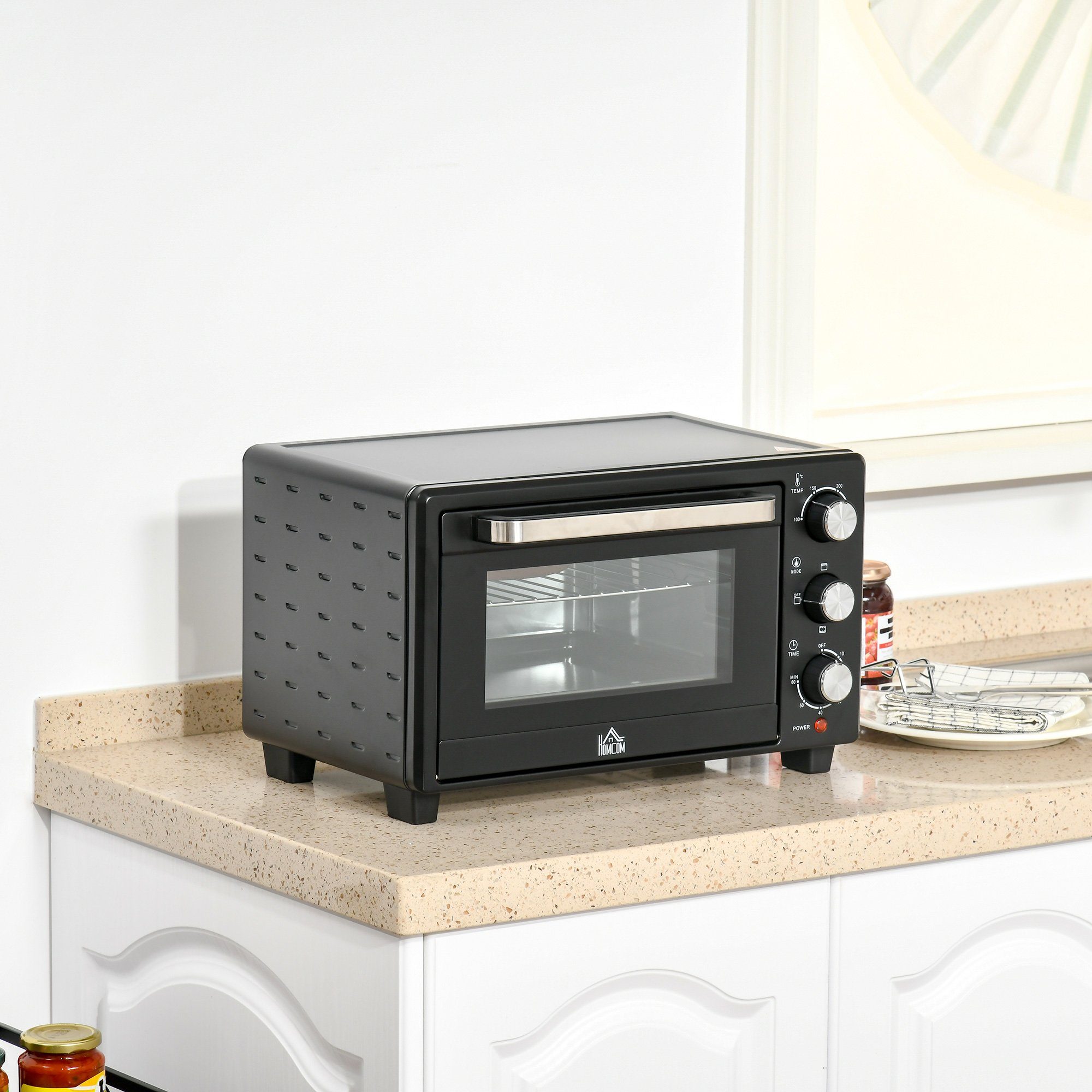 HOMCOM Minibackofen Minibackofen, 21L einstellbare Temperatur Ofen 3 Kochmodi Schwarz+Silber