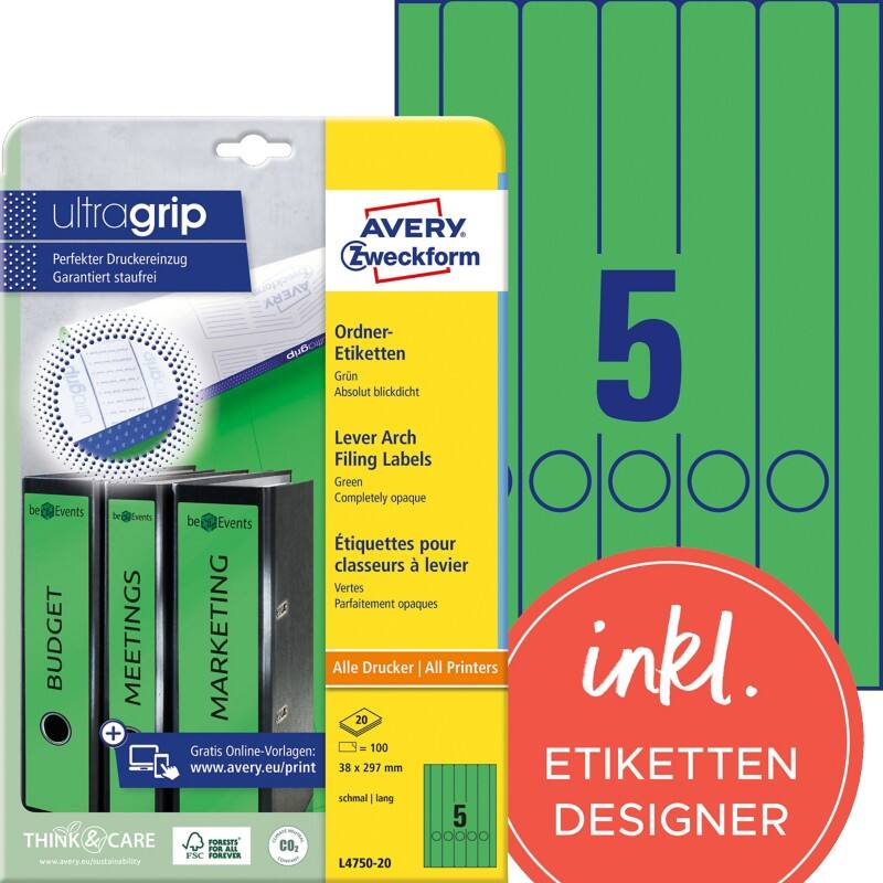 AVERY Zweckform L4750-20 Ordneretiketten DIN A4 Grün 38 x 297 mm 20 Blatt à 5 Etiketten
