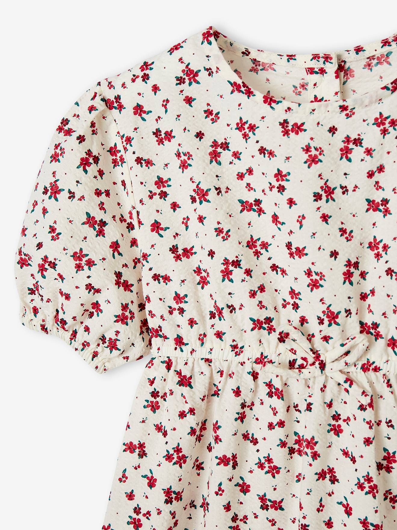 Robe à volant fille manches 3/4 écru