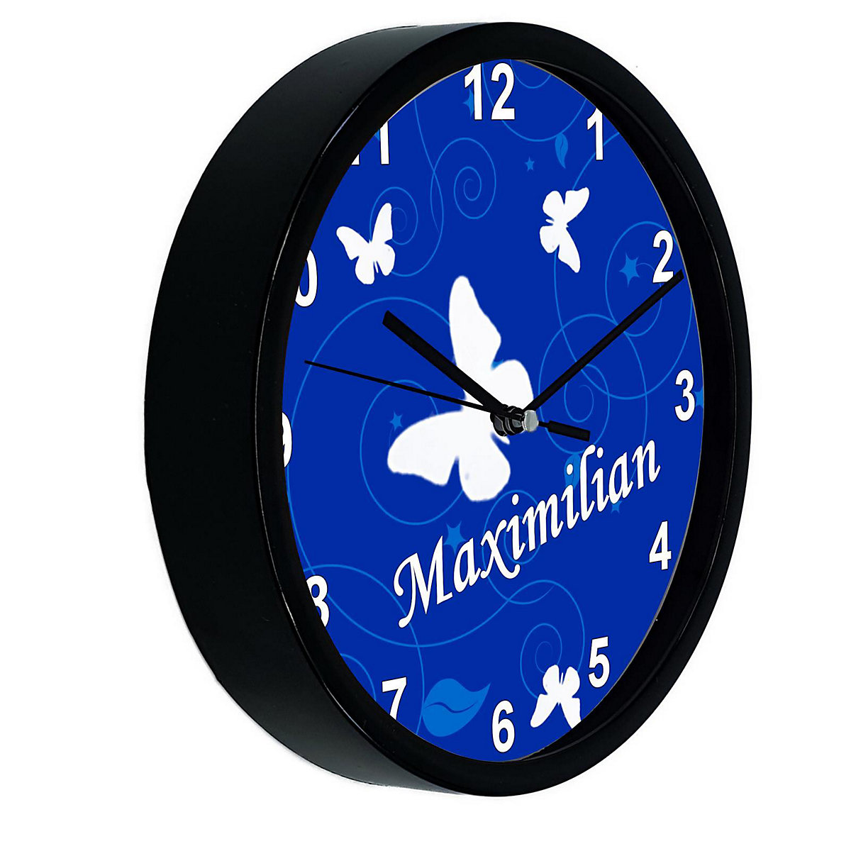 Kinder Wanduhr personalisiert mit Name Schmetterling Ornamente blau