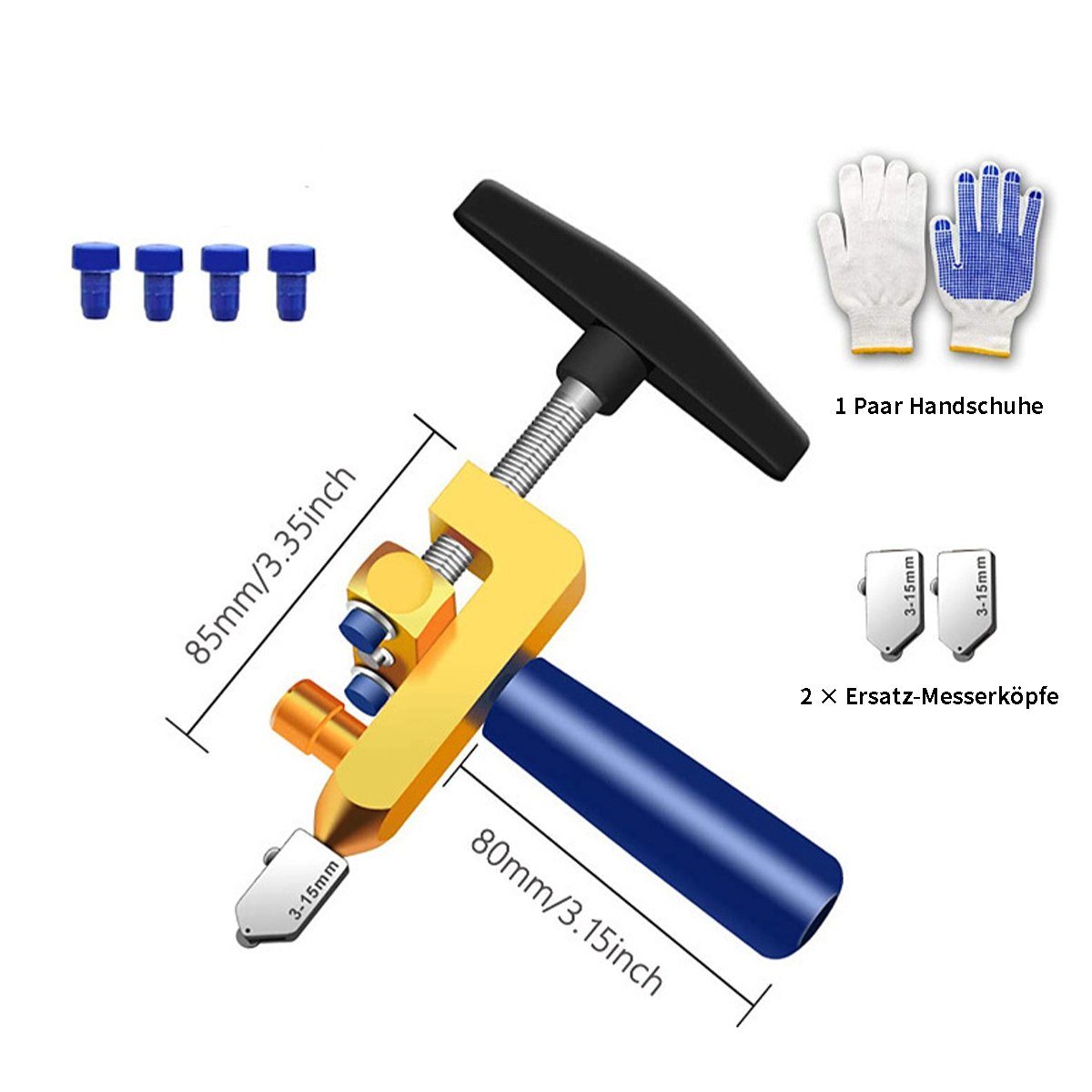 flowgoer Fliesenschneider 2-in-1 professioneller Glas- und Fliesenschneider, 1-tlg., Mit 2 Hartmetall-Schneidköpfen (3-15 mm) und 4 Kontaktfüßen