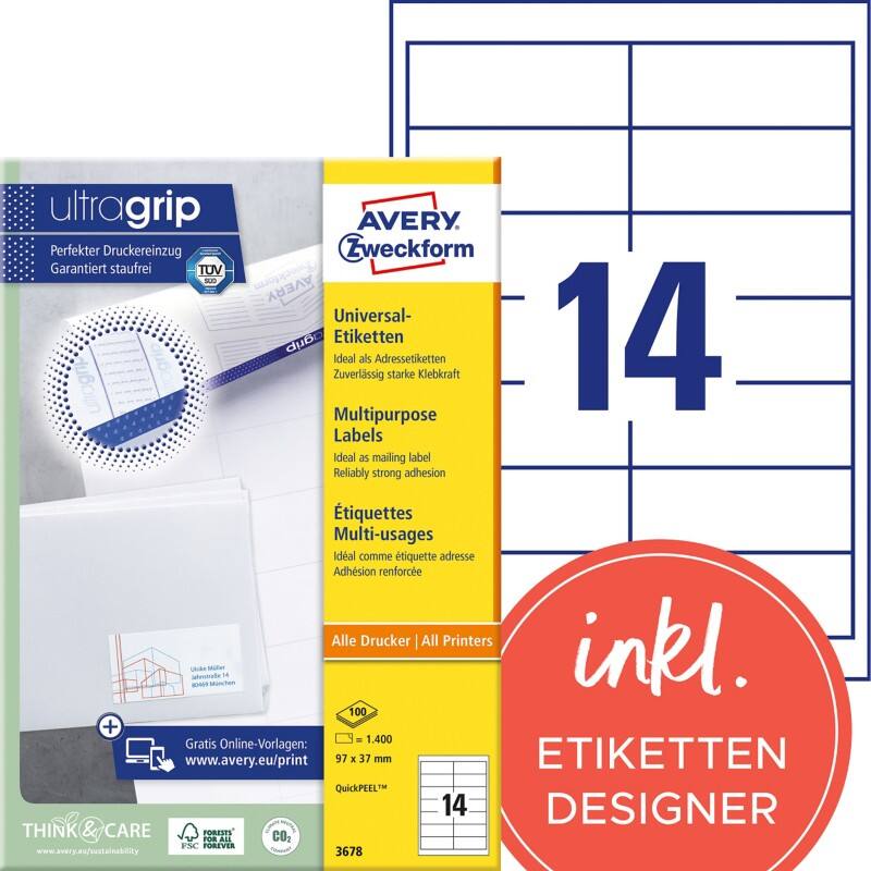 AVERY Zweckform Abziehhilfe QuickPEEL,ultragrip Universaletiketten 3678 Selbsthaftend DIN A4 Weiß 97 x 37 mm 100 Blatt à 14 Etiketten