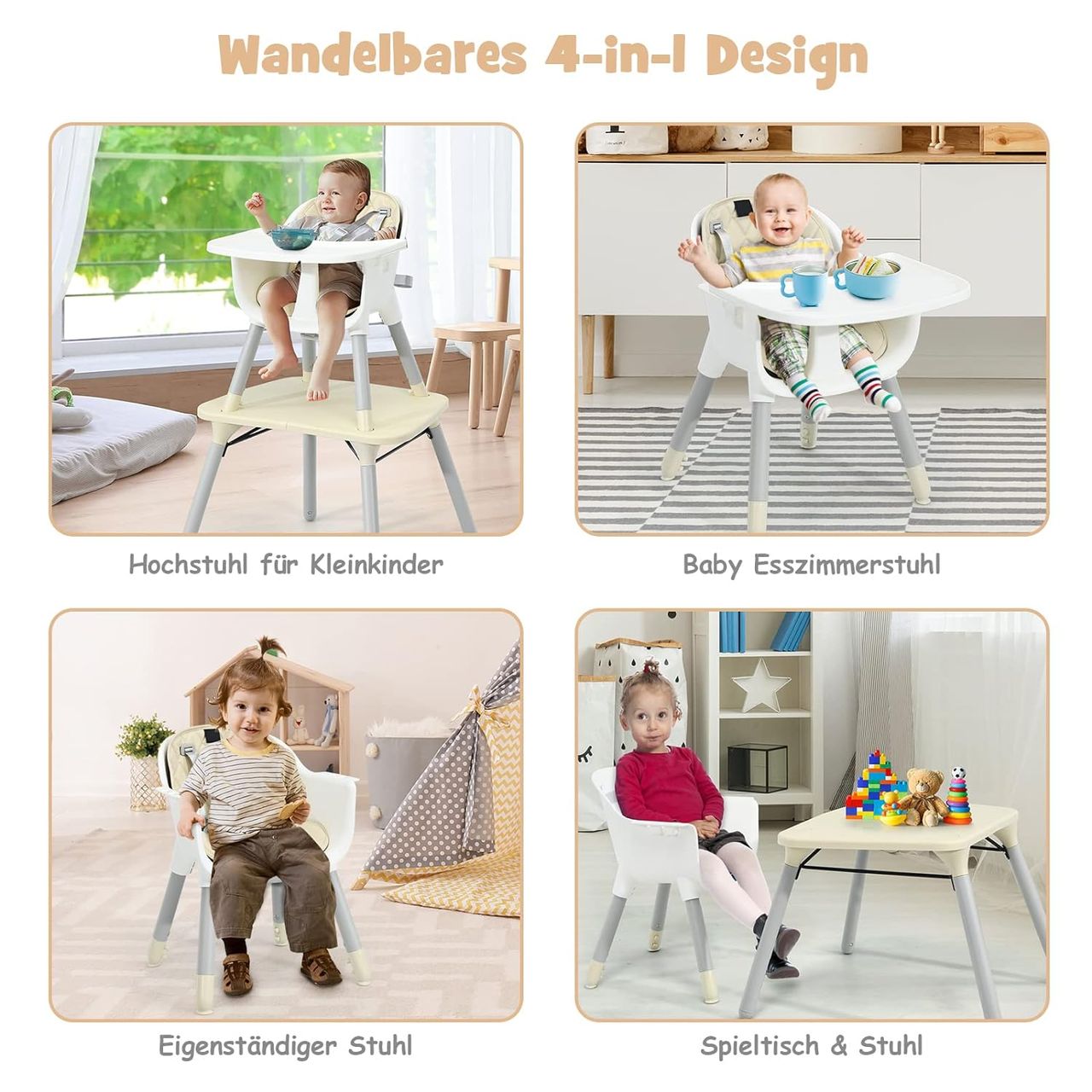 Costway 4 in 1 Baby-Hochstuhl, umwandelbarer Babystuhl mit 5-Punkt-Gurt