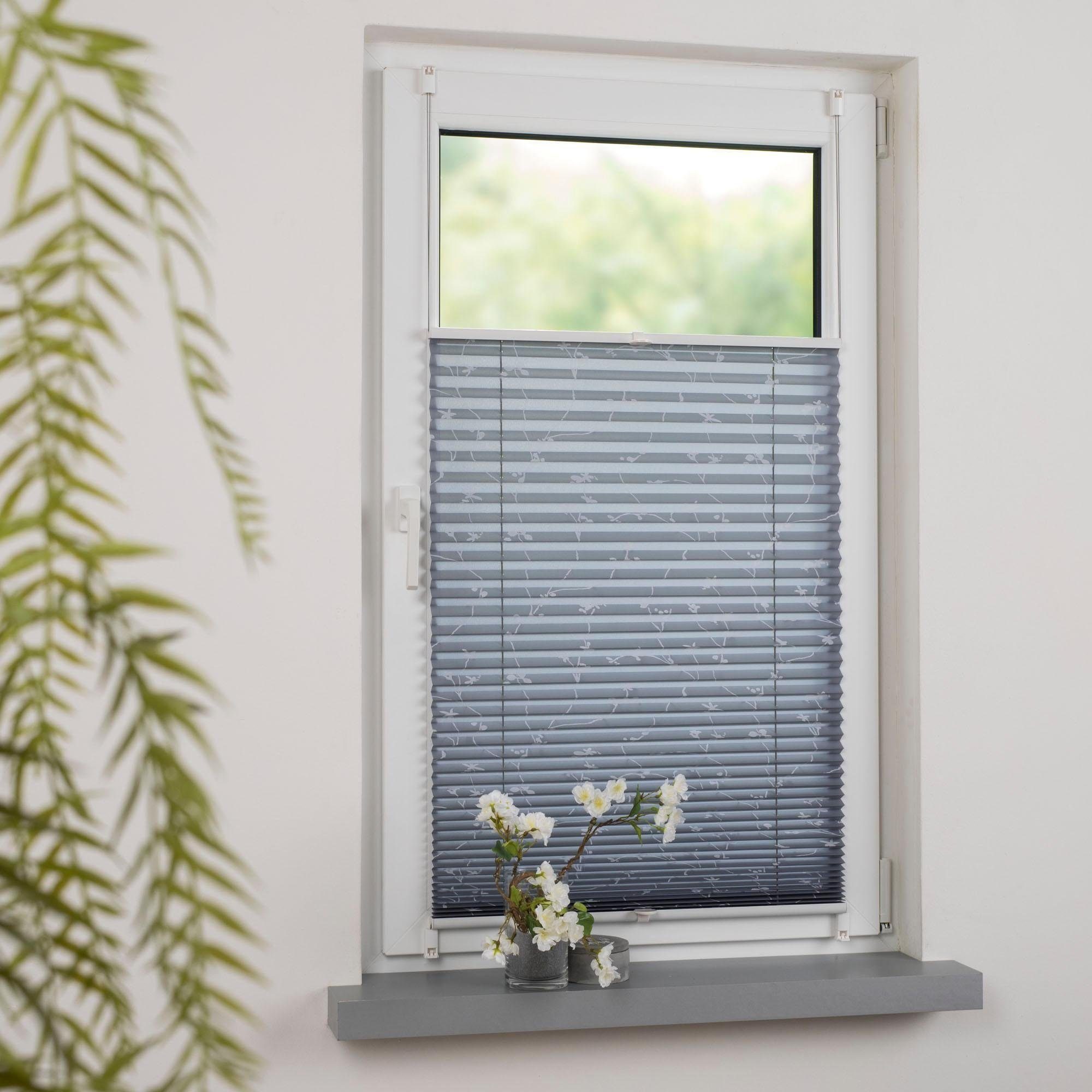 Plissee Klemmfix-Plissee Ranke grau, Liedeco, Lichtschutz, ohne Bohren, verspannt, Klemmfix, Klemmfix-Plisse mit floralem Druck