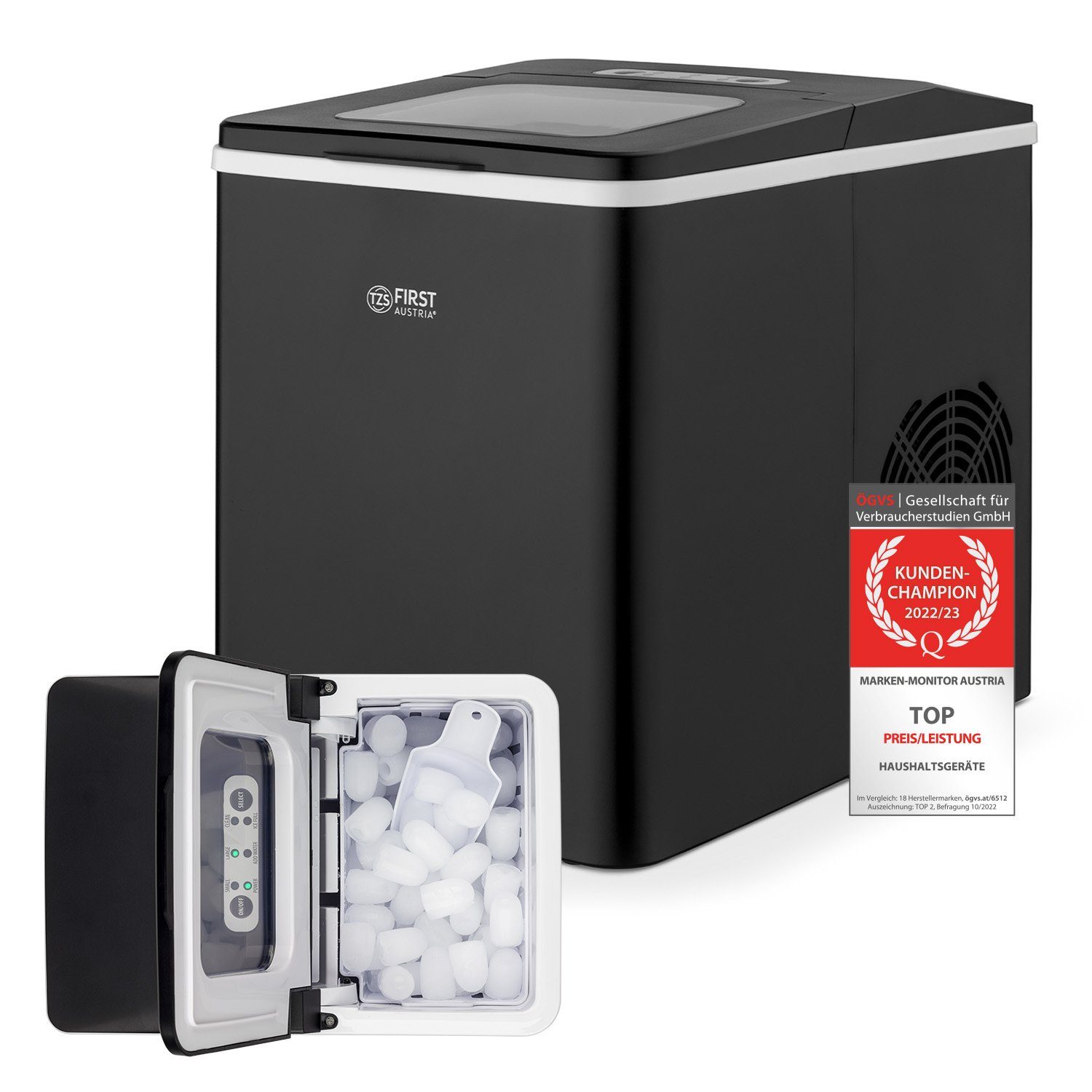 TZS FIRST AUSTRIA Eiswürfelmaschine Eiswürfelmaschine, Edelstahl Ice Cube Maker, 9 Würfel in 7-9 Minuten, Würfel S/L, 12kg 24 Std, Eiswürfelbereiter 1,8 L, 150W, LED Display