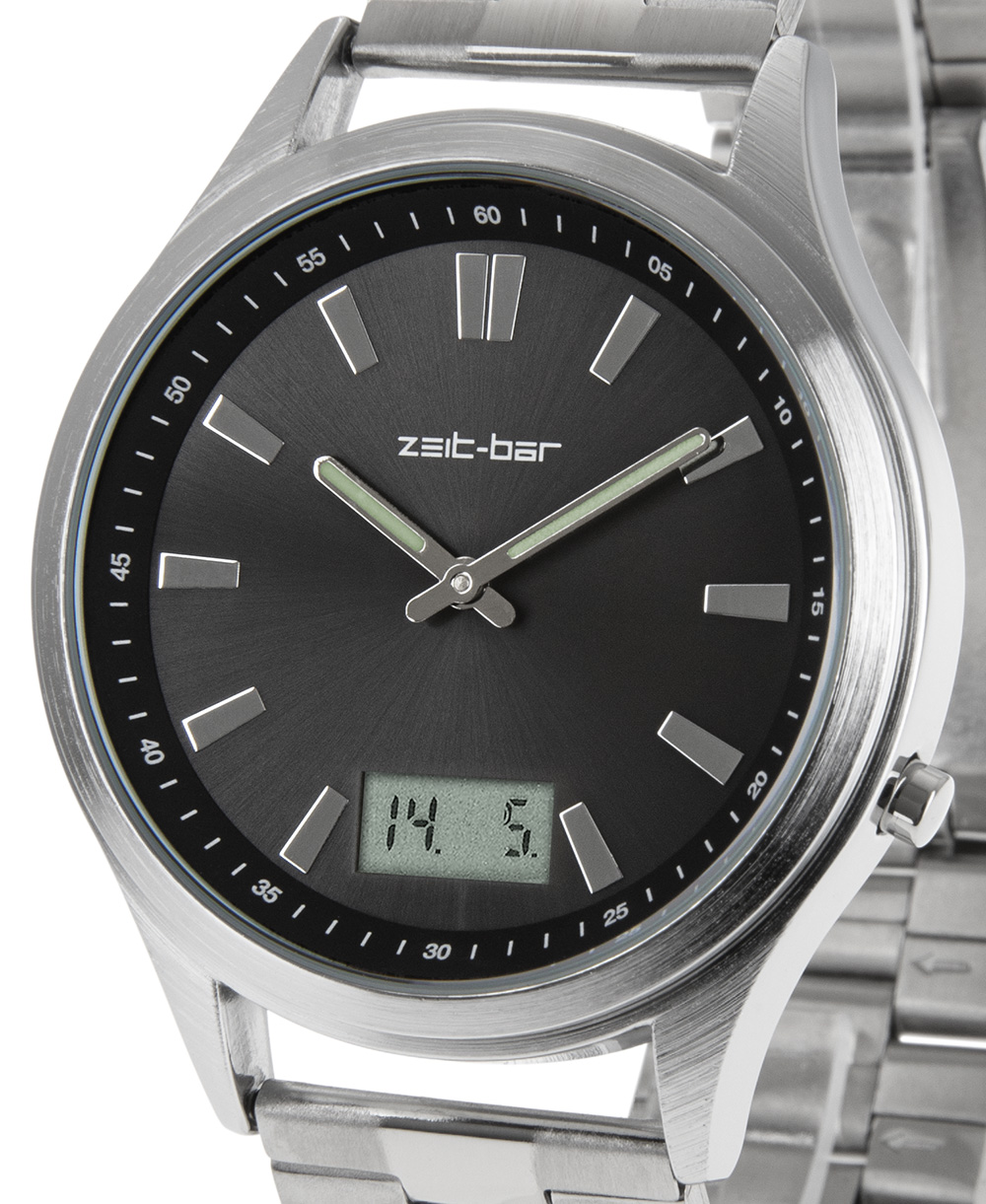 Zeit-Bar Funk-Armbanduhr mit Datums- und Sekundenanzeige, Edelstahl-Uhrband