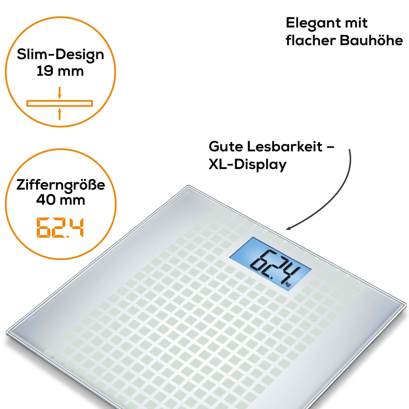 Beurer Glaswaage - GS 206 Squares-Personenwaage aus Glas mit beleuchtetem XL-Display - bis 150 kg