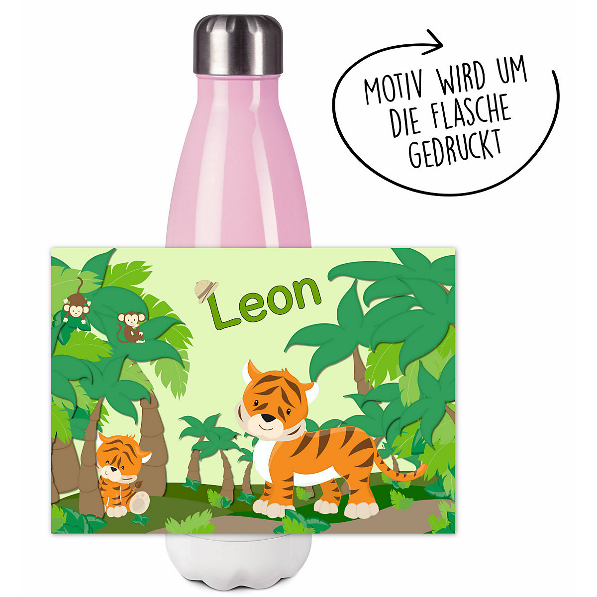 Edelstahl Kinder Thermoflasche / Trinkflasche bunt Dschungel Spülmaschinenfest, Auslaufsicher, Bruchfest, Doppelwandig, Für Heißgetränke geeignet, Mit Deckel, Isoliert