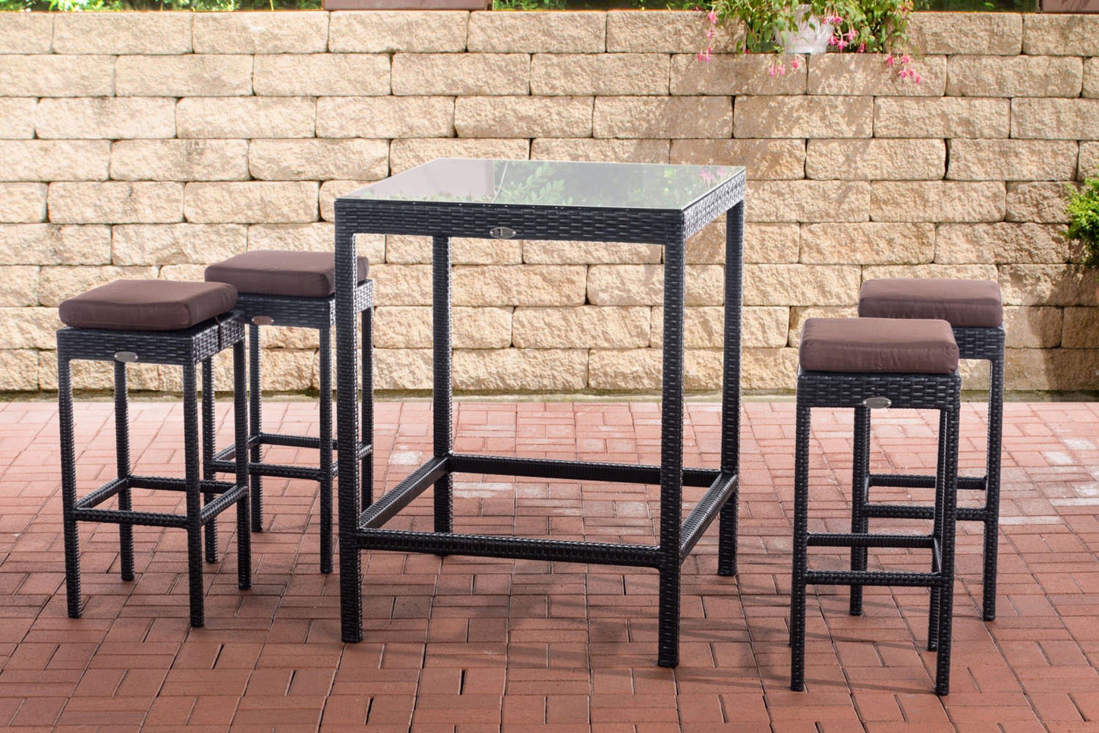 TPFGarden Gartenbar-Set Alina - aus UV-beständigem Polyrattan und Aluminium-Gestell, (Stehtisch-Set mit 4 Hockern und Kunstlederauflagen, Gartenlounge-Set - wasserfest, pflegeleicht und UV-beständig), Maße (TxBxH): Tisch 84 x 84 x 110,5cm - Hocker 37