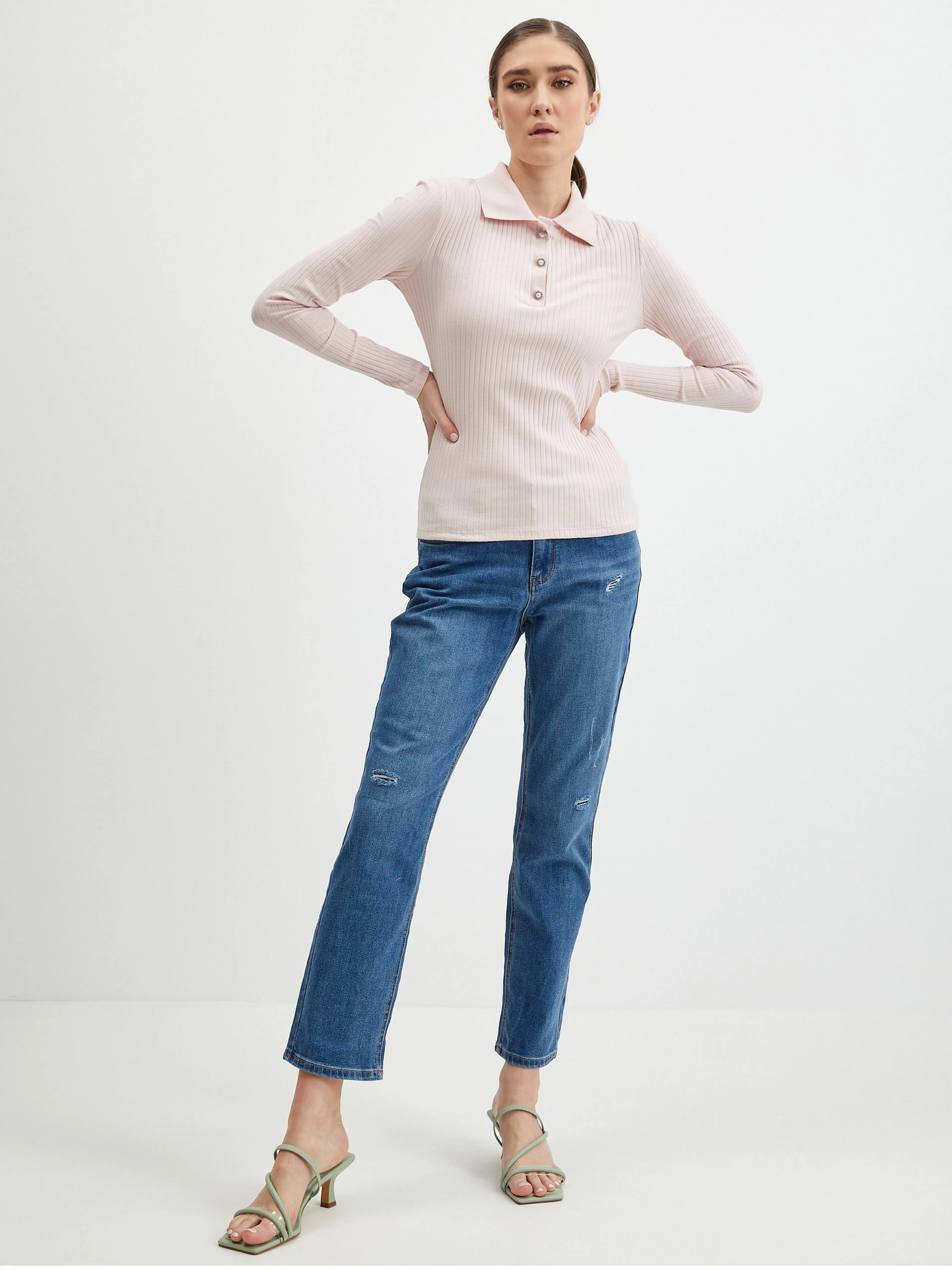 Apricotfarbenes geripptes Damen Poloshirt ORSAY