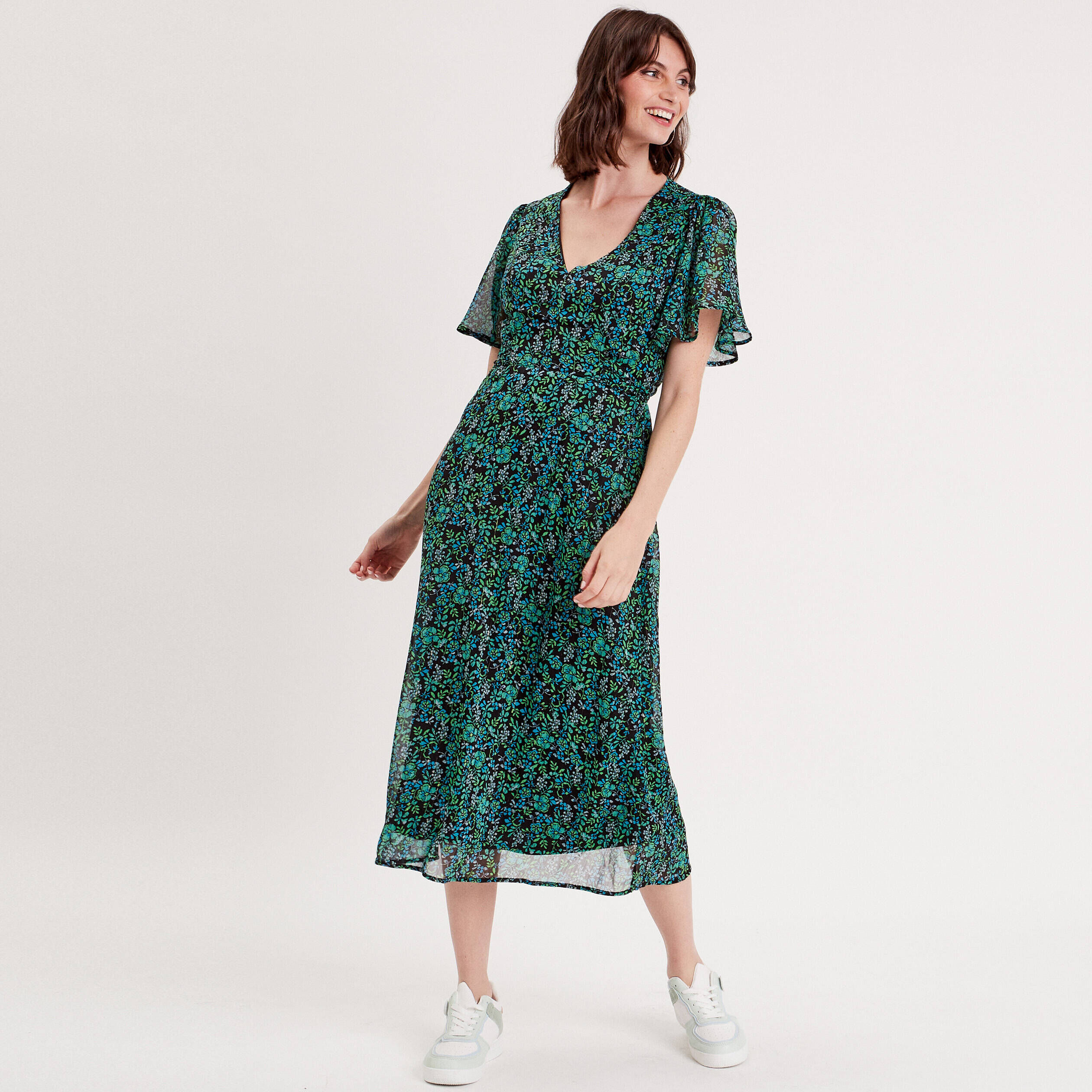 Robe longue évasée col en V vert femme | Cache Cache