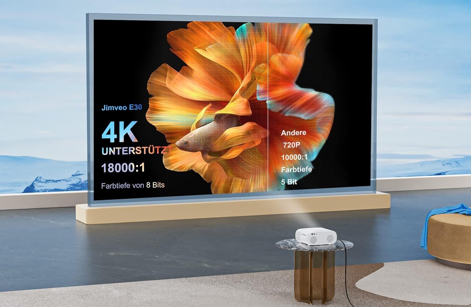 Jimveo 1080P 4K Unterstützt Projektor, 750ANSI Portabler Projektor (20000 lm, 18000:1 Jimveo, 3840x2160 px, Maximal 300''Display Innovativer Gut Qualität Vielseitige Anschlüsse)