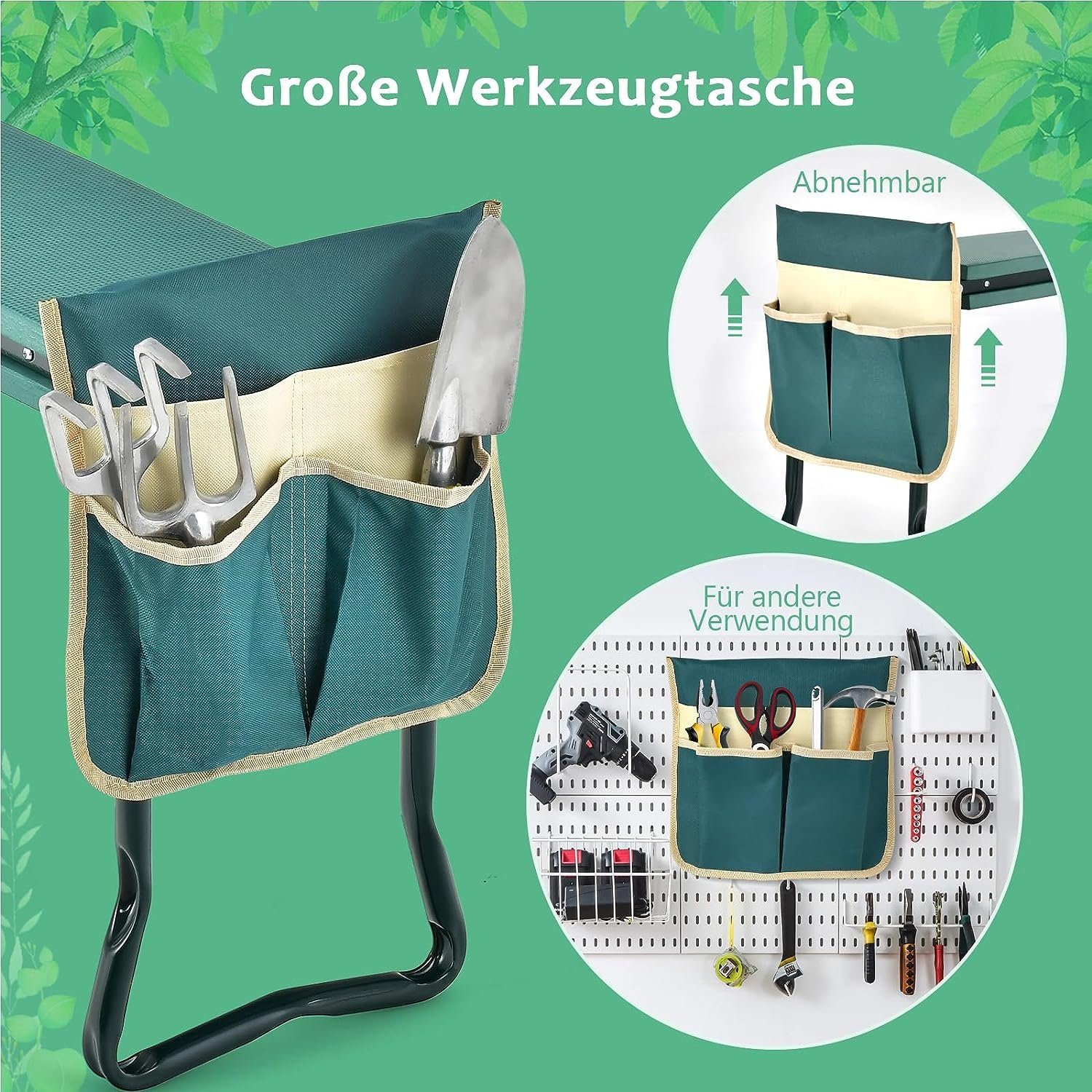 KOMFOTTEU Arbeitshocker Gartenhocker (2 St), klappbar, bis 150kg, mit 1 Werkzeugtaschen