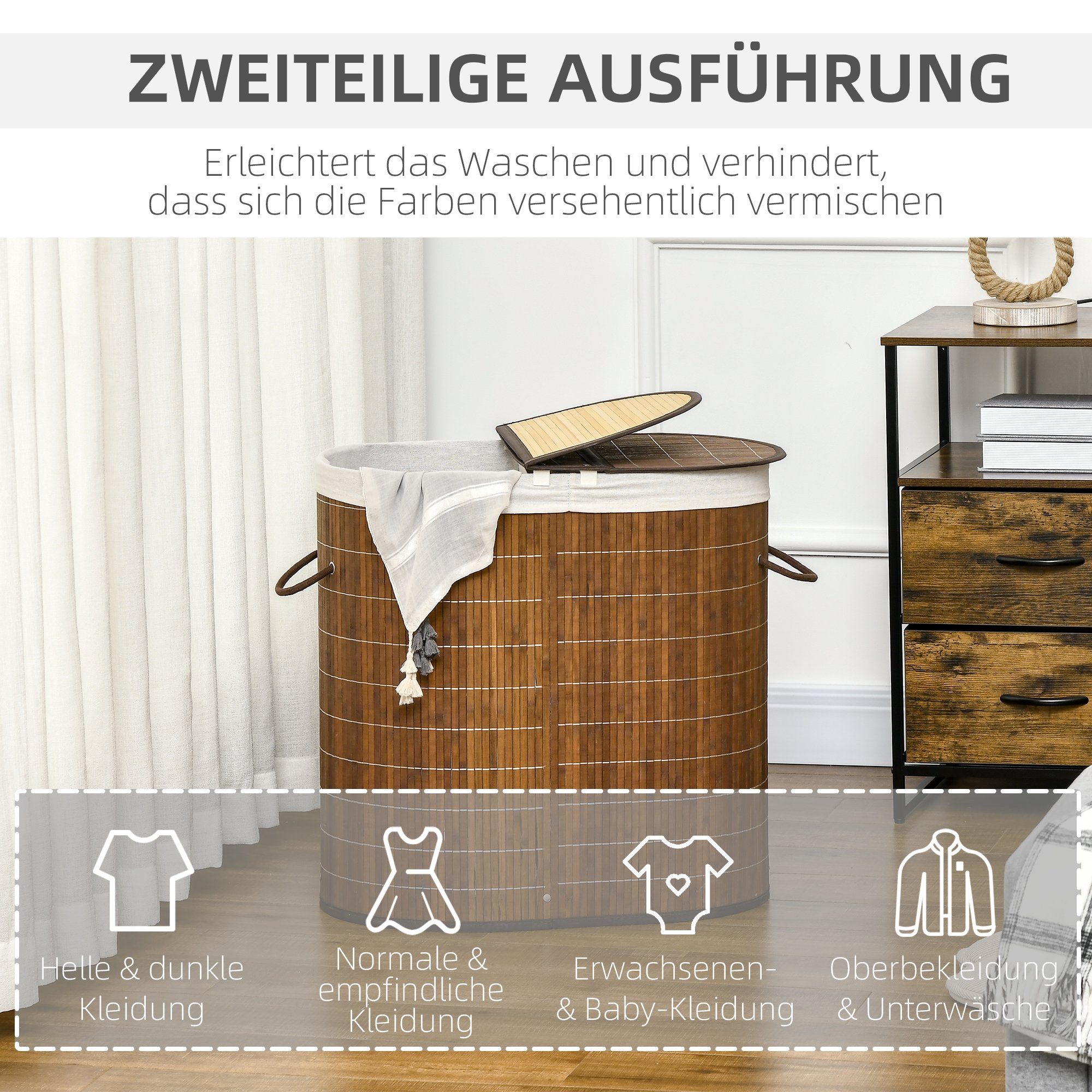 HOMCOM Wäschekorb 100L Wäschesammler, Wäschesbox mit Griff, Deckel (Wäschesortierer, 1 St., Wäschesammler), für Badezimmer, Bambus, Braun
