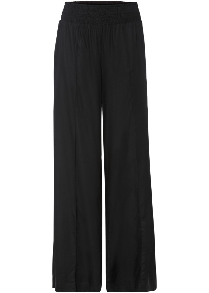 Weite Hose aus Viscose mit High-Waist-Smockbund, Crepegewebe