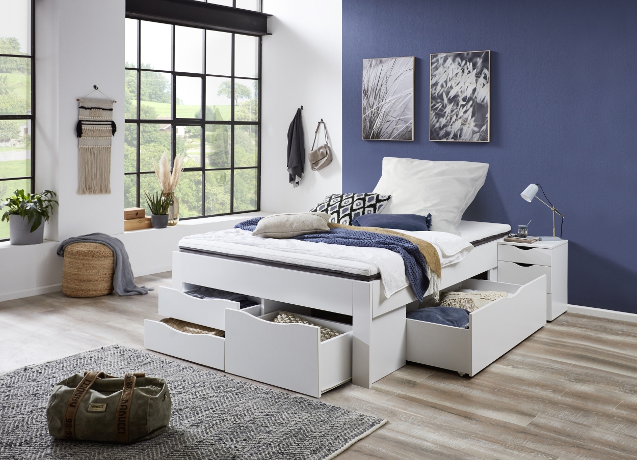 Relita Stauraumbett Noah 140 x 200 cm, mit Rolllattenrost mit 5 Bettschubladen, Ausf. Weiß Dekor