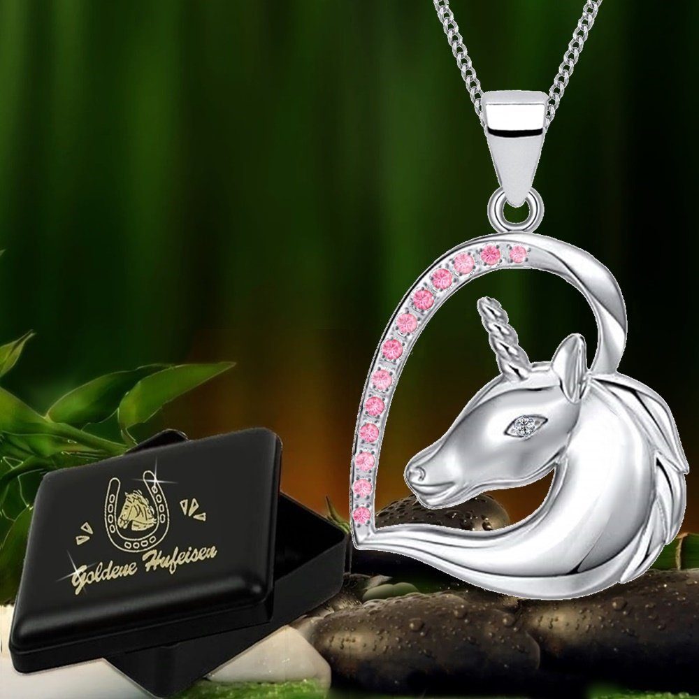 Goldene Hufeisen Kette mit Anhänger Mädchen Kinder Kette Einhorn Pferd aus 925 Silber Herz Zirkonia (Set Schmuckset, inkl. Etui), Rhodiniert