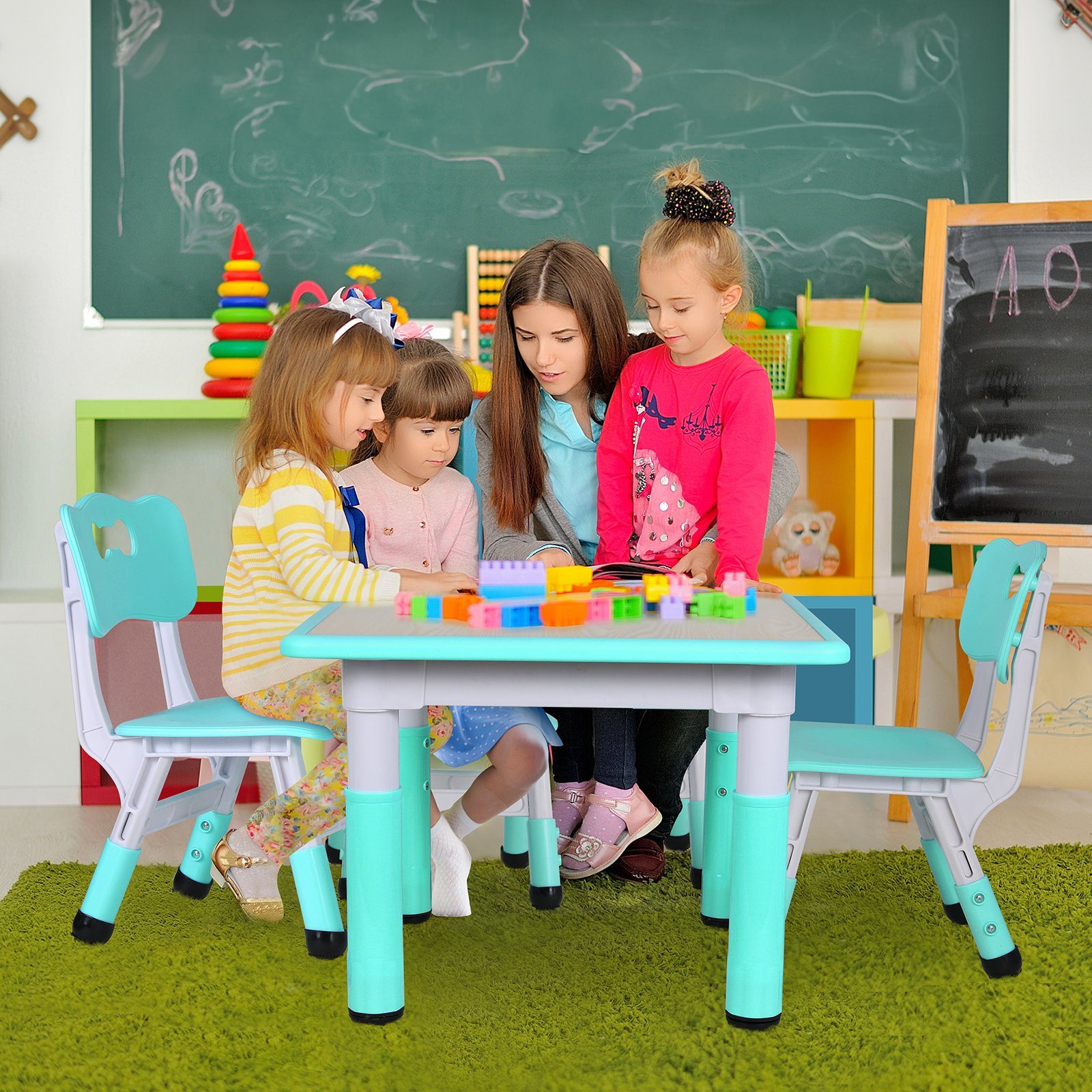 TLGREEN Kindersitzgruppe Kindertisch mit 4 Stühlen, Kindermöbel, Quadratischen Tisch Höhenverstellbar Plastik