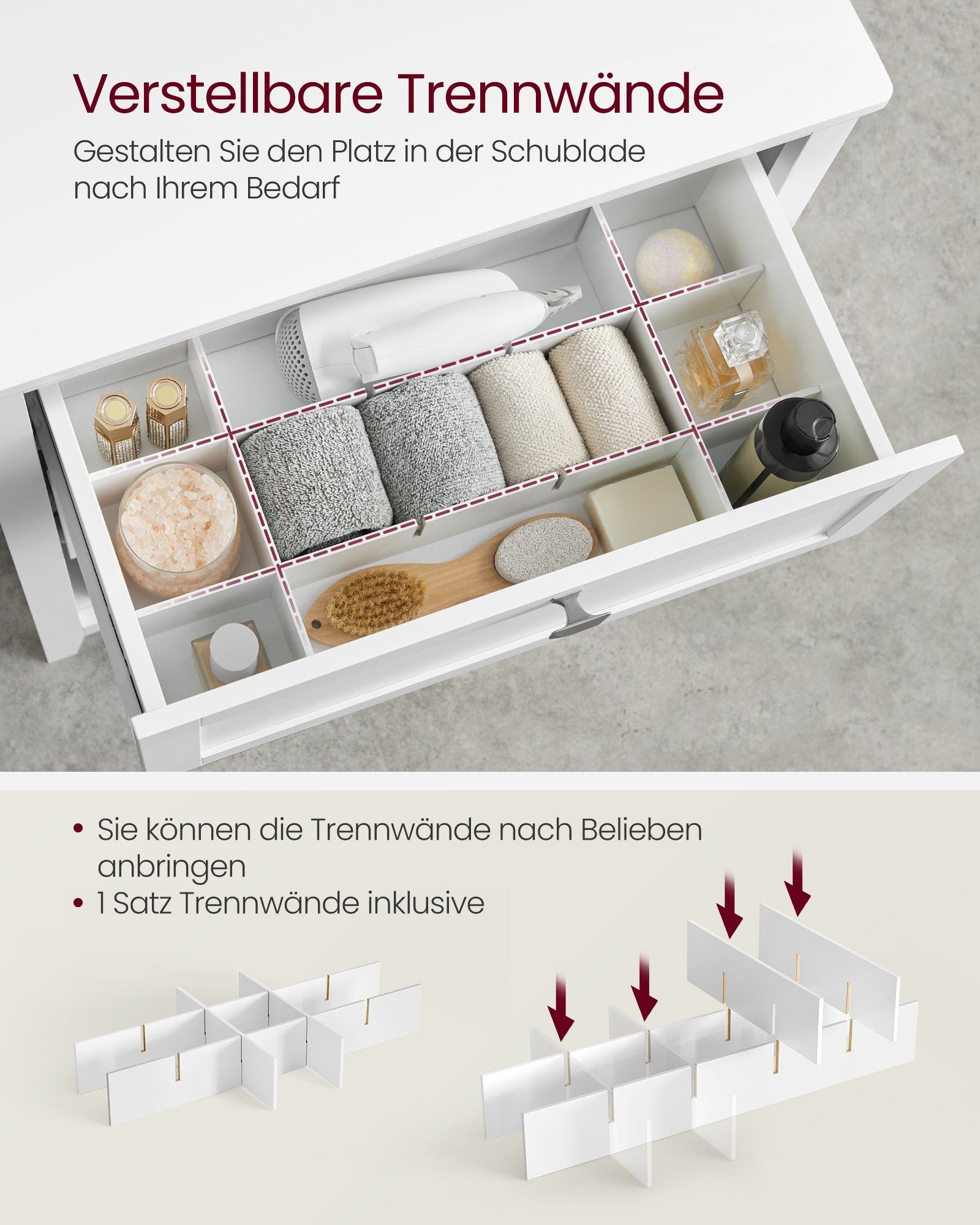 VASAGLE Badkommode Badezimmerschrank, Badschrank mit 2 Schubladen, 2 Körbe