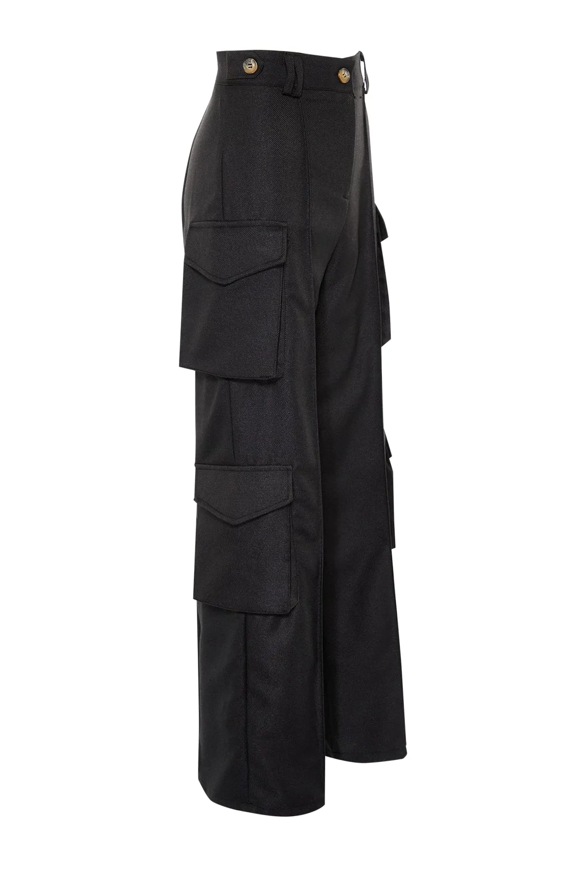 Trendyol Collection  Schwarze gewebte Cargohose mit hoher Taille und Taschen TWOAW23PL00373