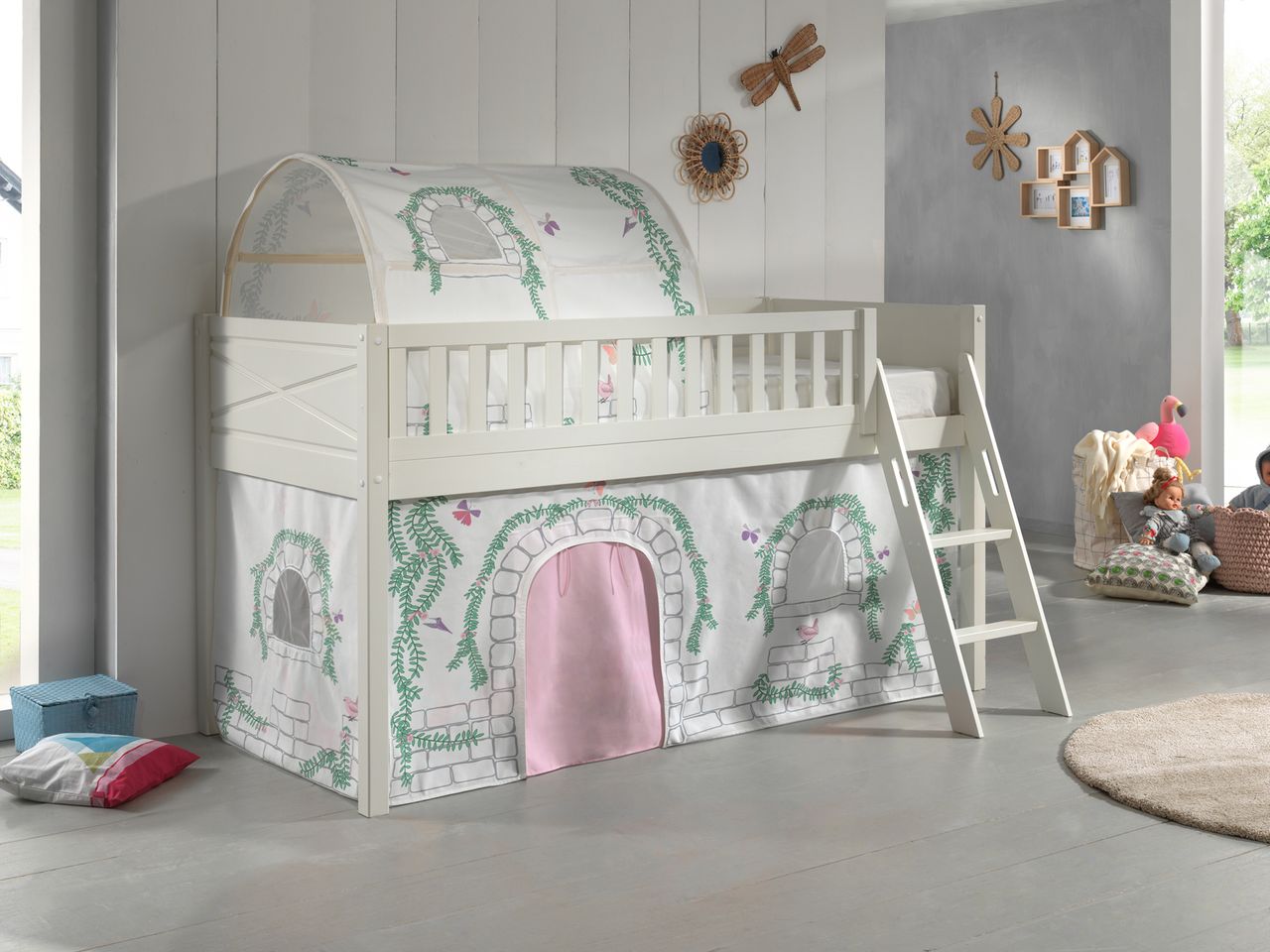 VIPACK Spielbett SCOTT, LF 90 x 200 cm, mit Rolllattenrost, Leiter und Textilset Vorhang und Tunnel 